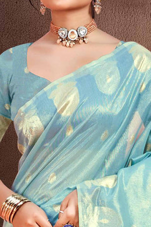 Sky Blue Saree with Traditional Zari Detailing in Munga Kota Doria