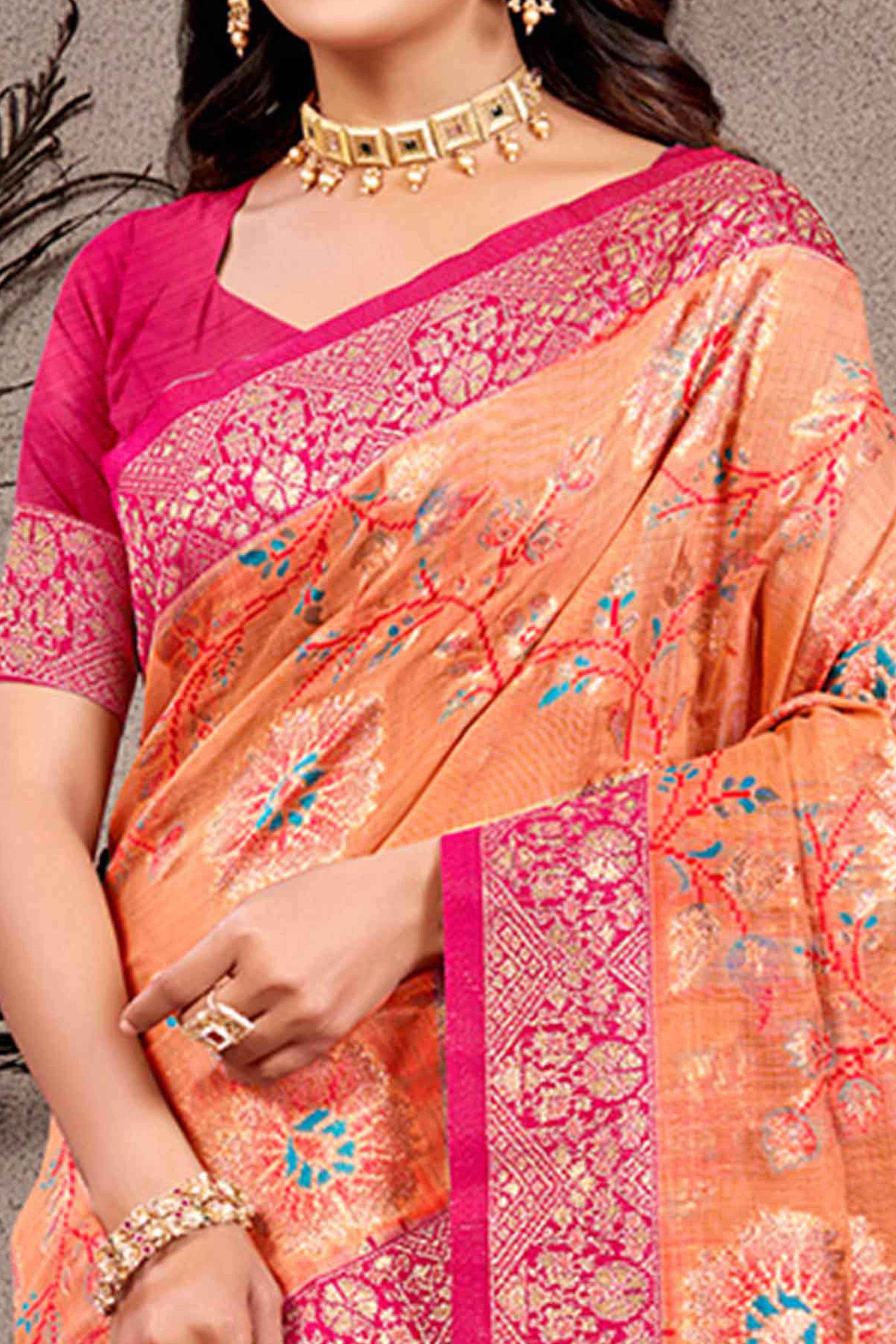 Opulent Orange Floral Zari Motif Weaving Cotton Silk Saree With Elegant Tassel Pallu