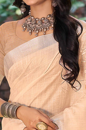 Elegant Peach Linen Saree Featuring Intricate Woven & Embroidered Patterns