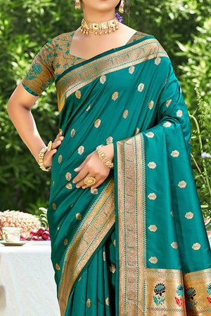 Teal Zari Weaving Silk Blend Saree Adorned With Intricate Peacock Motif Pallu & Graceful Tassel