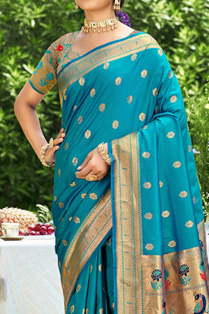 Blue Zari Weaving Silk Blend Saree Adorned With Intricate Peacock Motif Pallu & Graceful Tassel