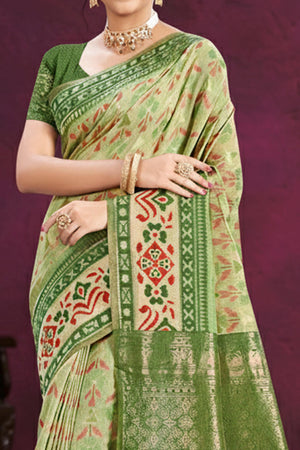Designer Green Cotton Silk Saree Showcasing Delicate Floral Weaving & Tassel Pallu
