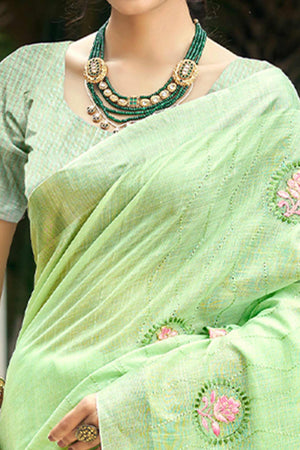 Premium Green Floral Embroidered Linen Saree With Striped Pattern Tassel Pallu