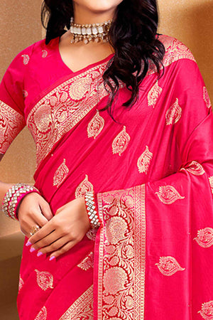 Luxury Pink Floral Weaving Silk Blend Saree Finished With A Digital Peacock Printed Pallu