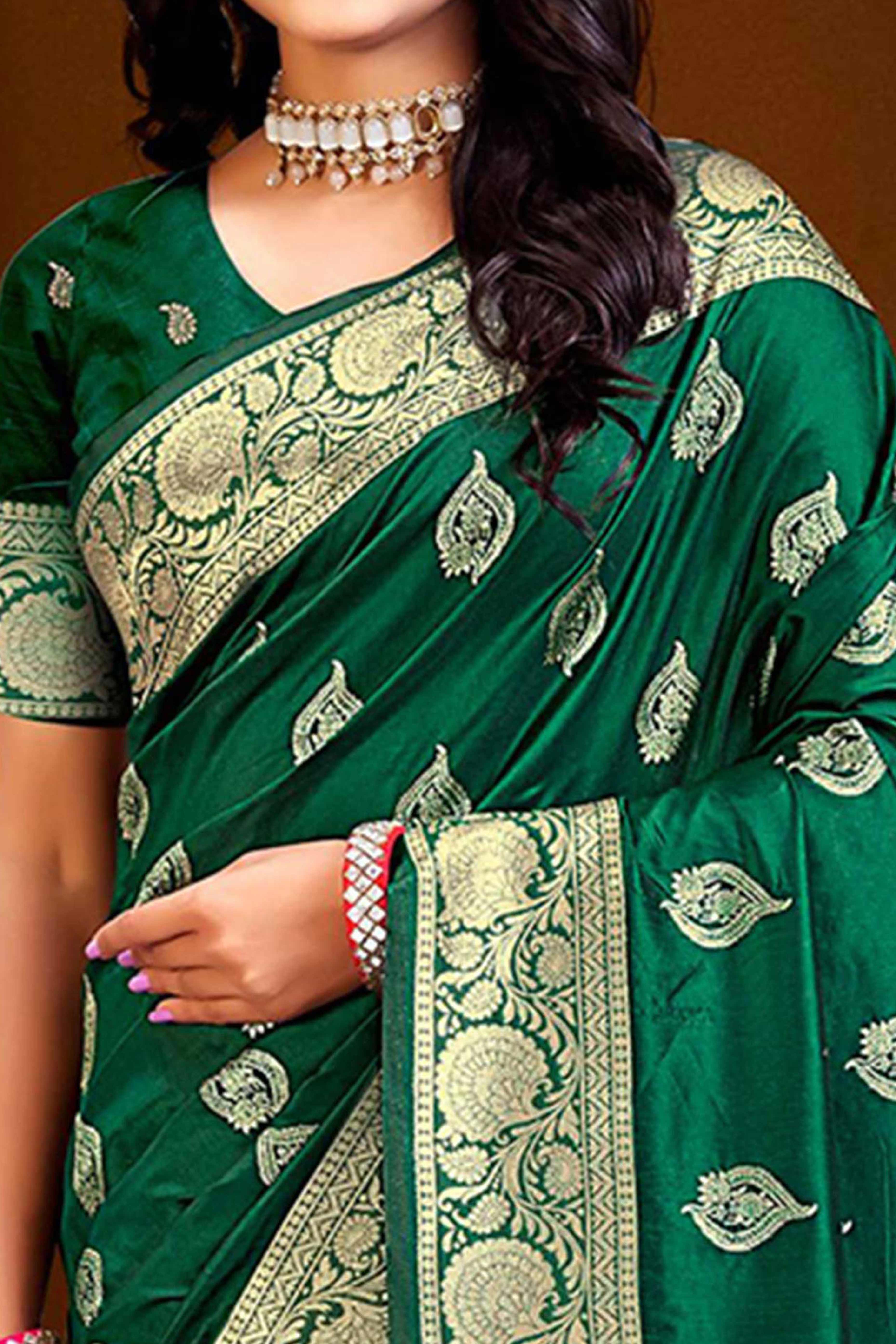Luxury Green Floral Weaving Silk Blend Saree Finished With A Digital Peacock Printed Pallu