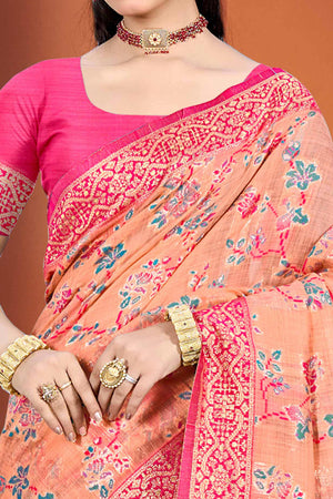 Stunning Peach Floral Zari Weaving Cotton Silk Meena Saree With Tassel Pallu