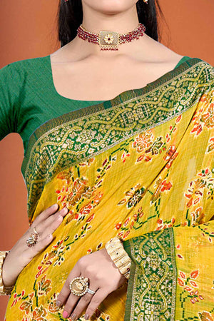 Stunning Mustard Floral Zari Weaving Cotton Silk Meena Saree With Tassel Pallu