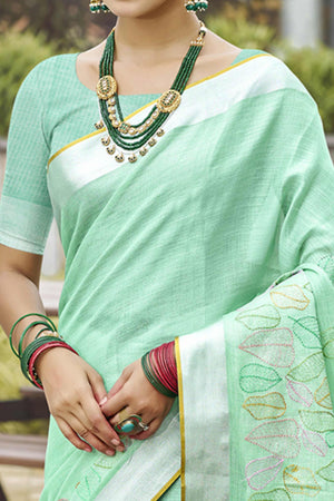 Classic Sea Green Leaf Pattern Thread Embroidery Work Linen Saree With Tassel Pallu
