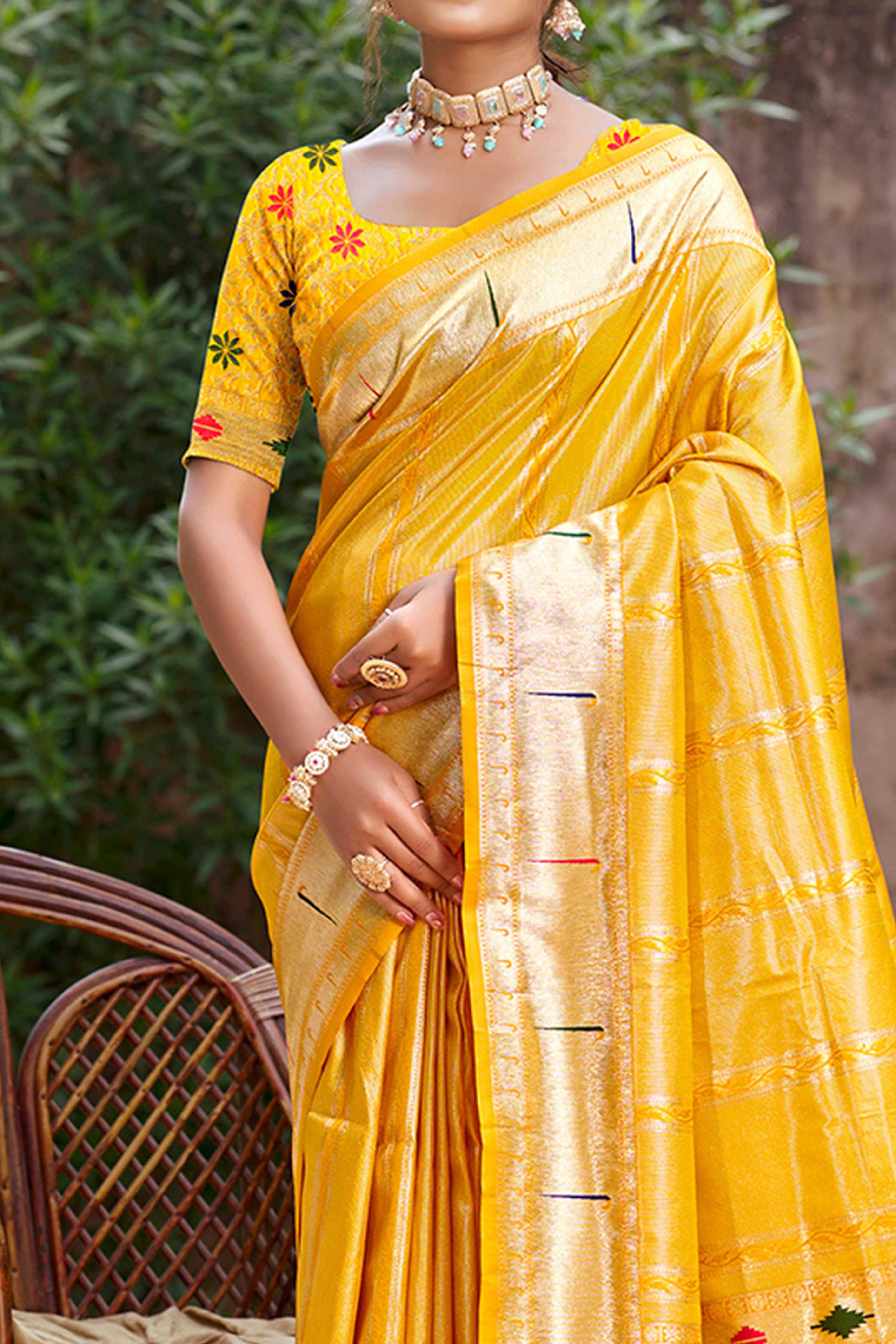 Yellow Designer Weaving Silk Blend Saree Accented With Graceful Peacock & Floral Motif Pallu