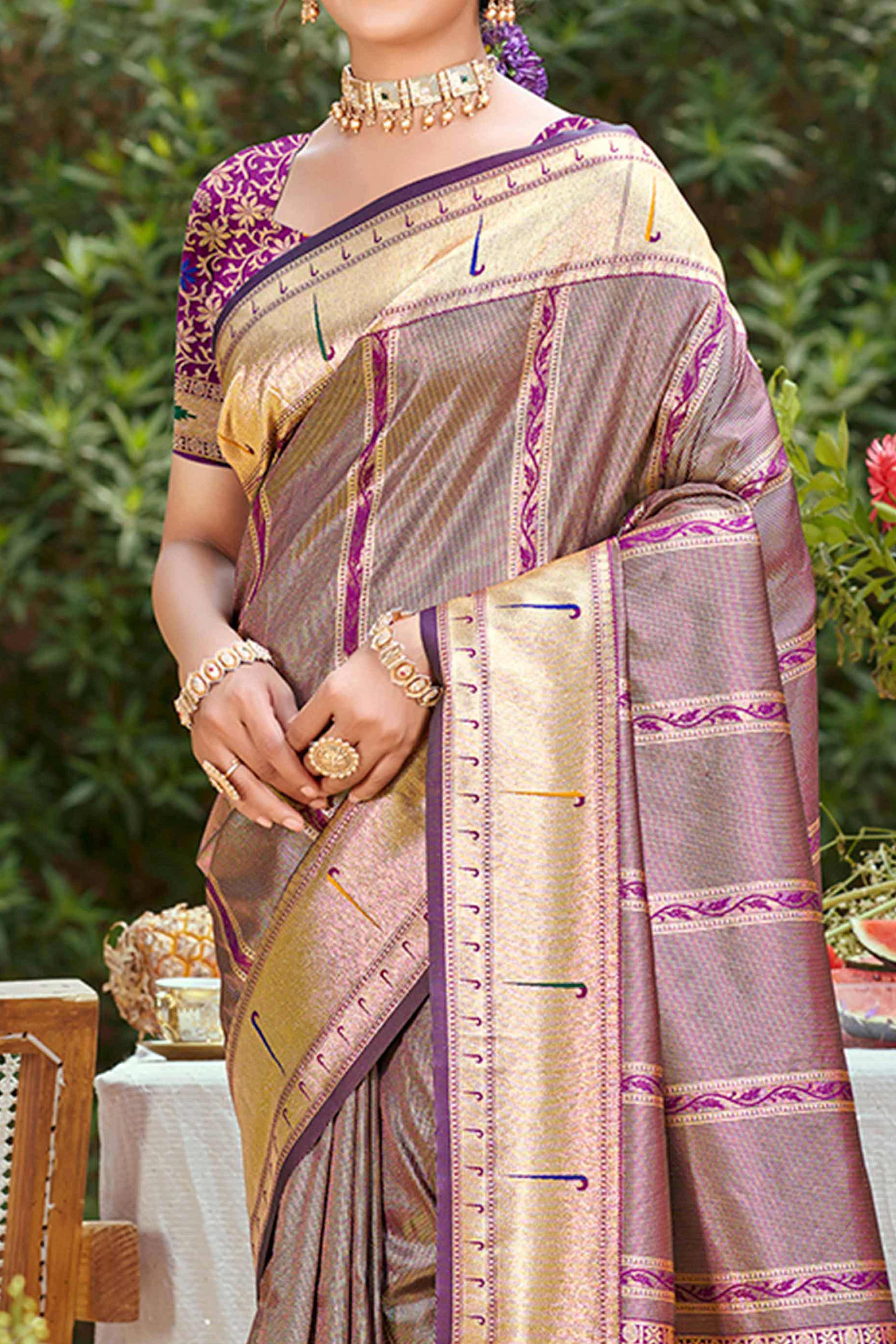 Dark Purple Designer Weaving Silk Blend Saree Accented With Graceful Peacock & Floral Motif Pallu