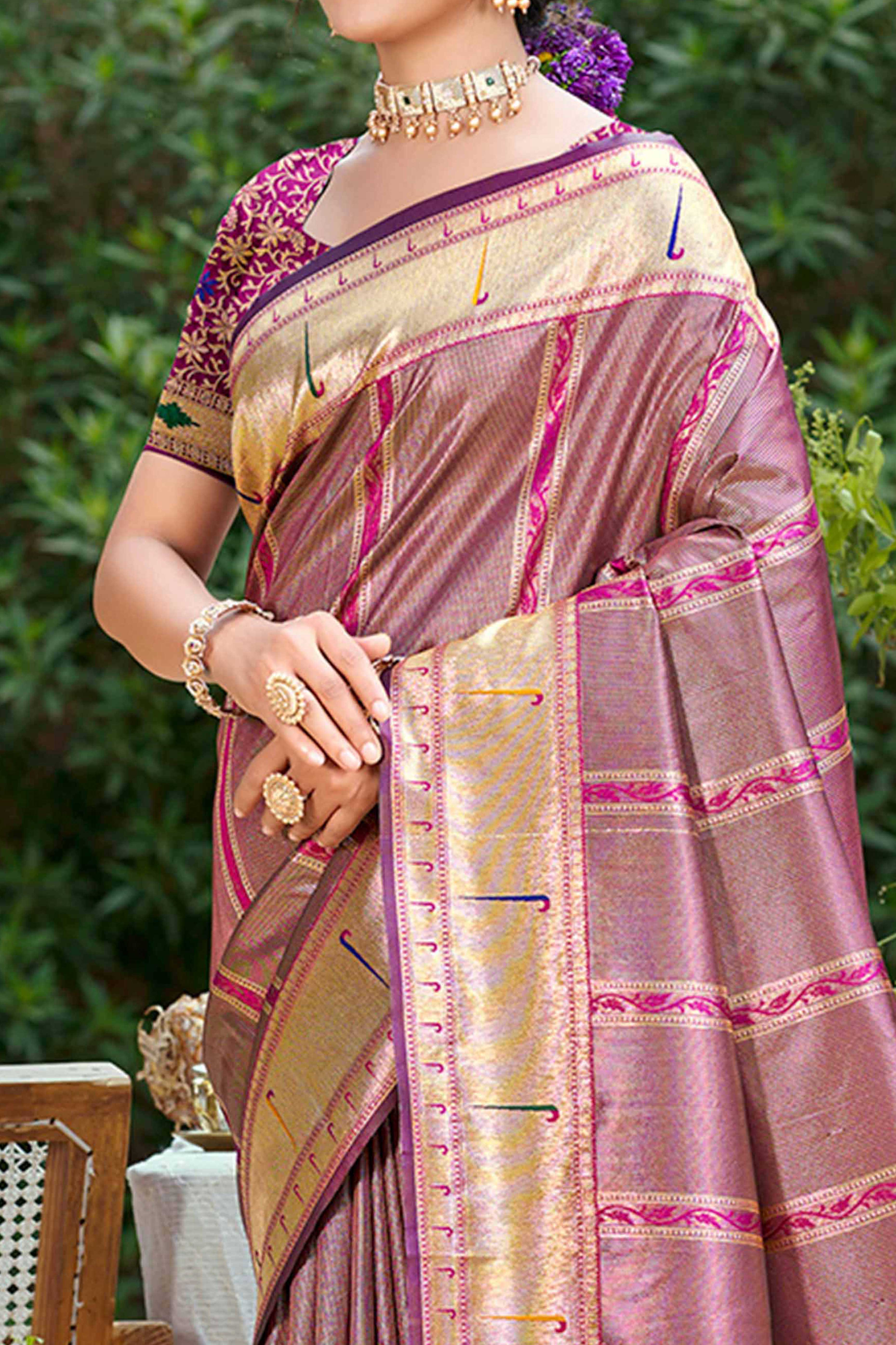 Purple Designer Weaving Silk Blend Saree Accented With Graceful Peacock & Floral Motif Pallu