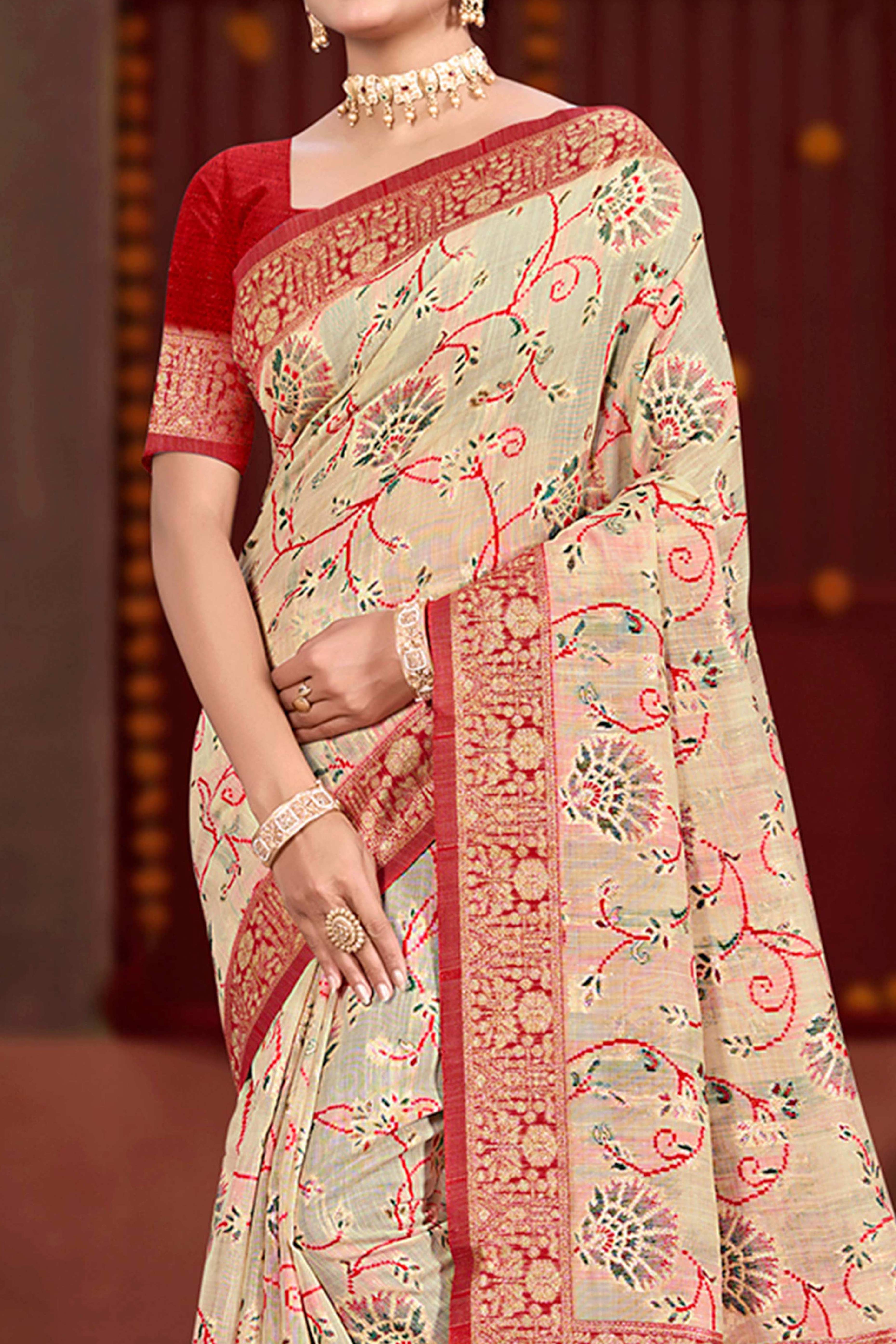 Elegant Beige Cotton Silk Saree Adorned With Floral Weaving & Graceful Tassel Pallu