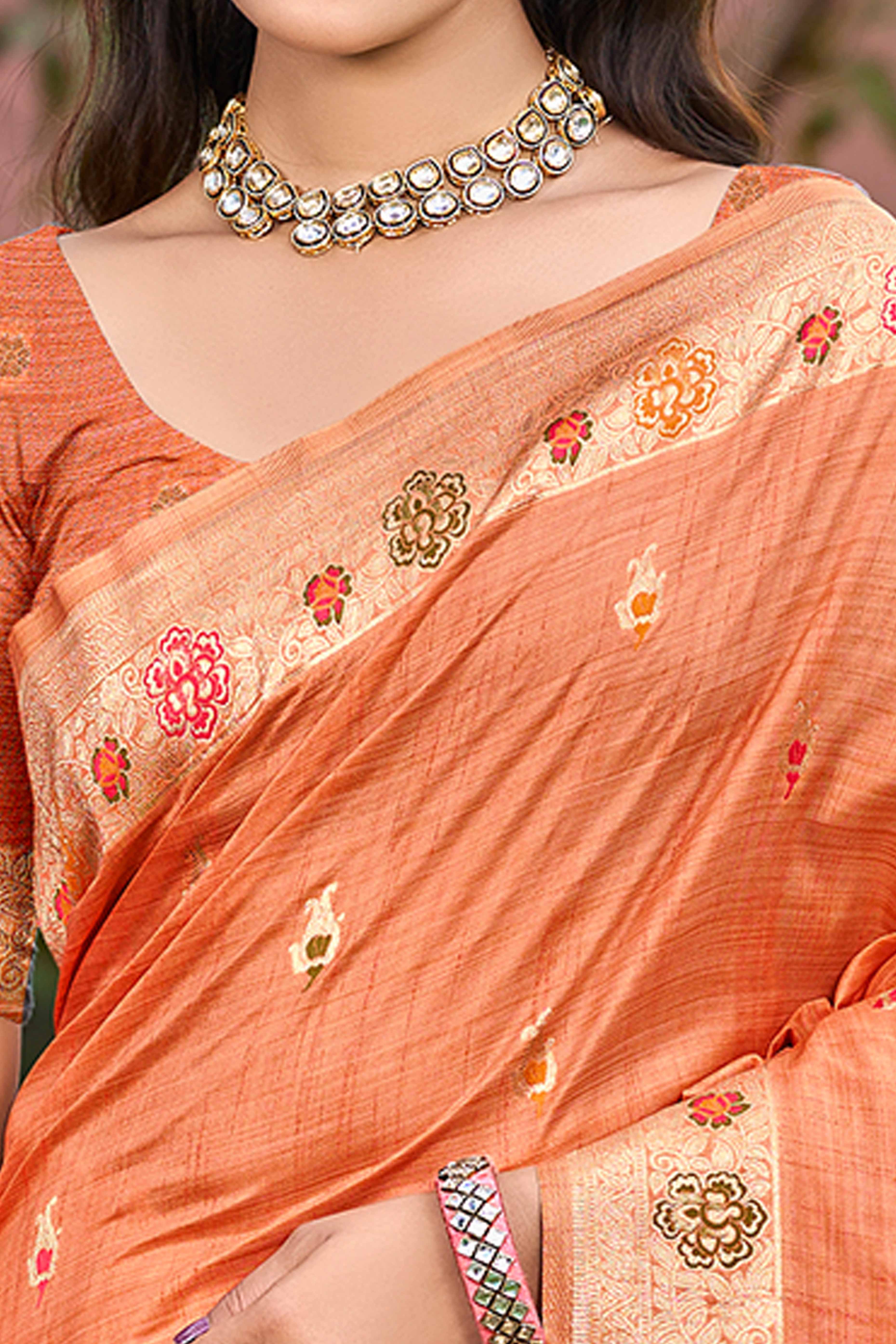 Orange Assam Silk Blend  Saree Featuring Intricate Floral Zari Weave & Tassel Pallu