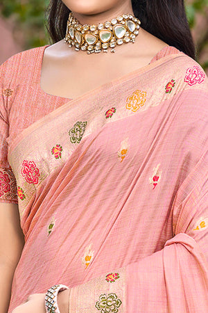 Pink Assam Silk Blend  Saree Featuring Intricate Floral Zari Weave & Tassel Pallu