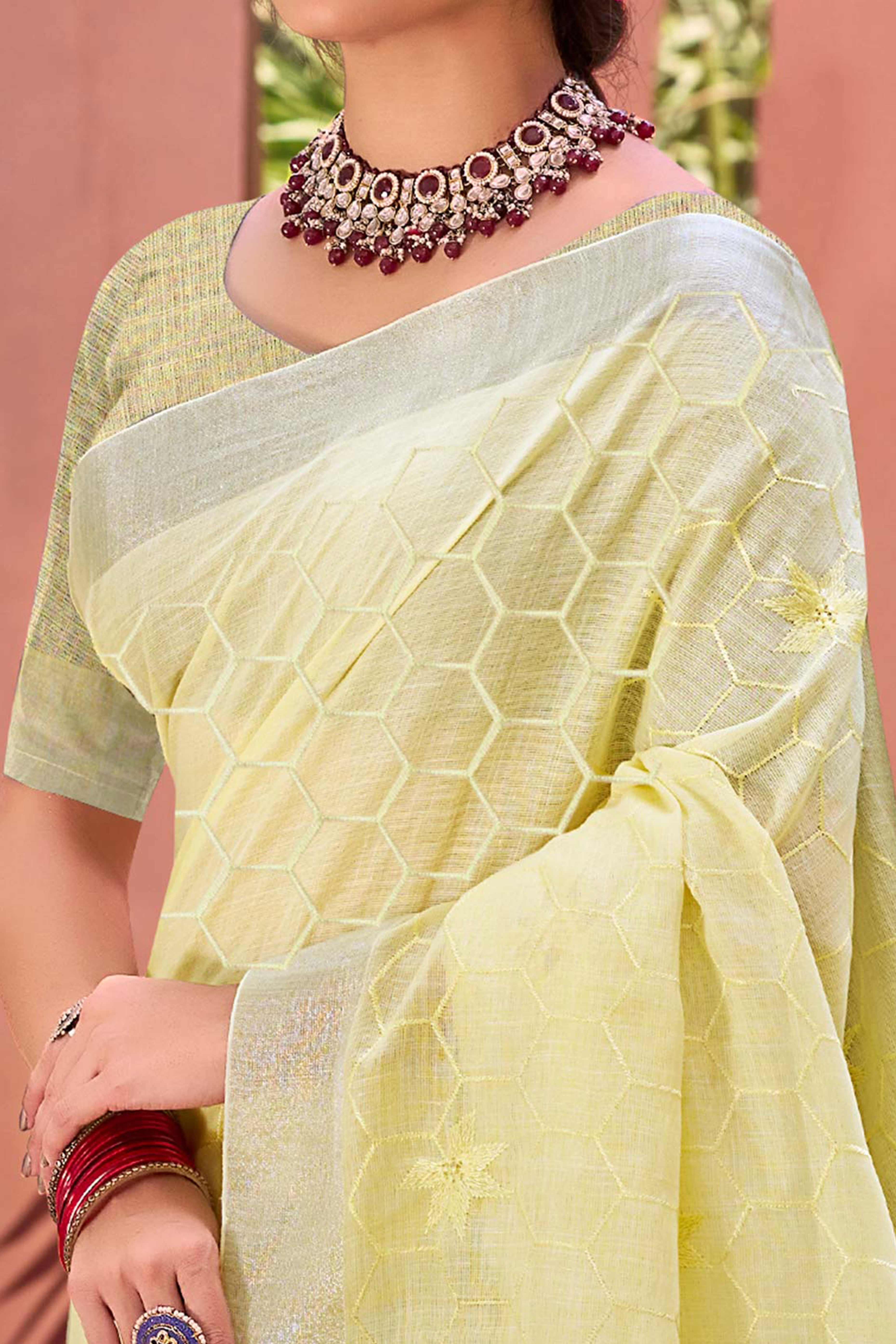 Yellow Classic Linen Saree Enhanced With Fine Geometric Embroidery Work & Tassel Pallu