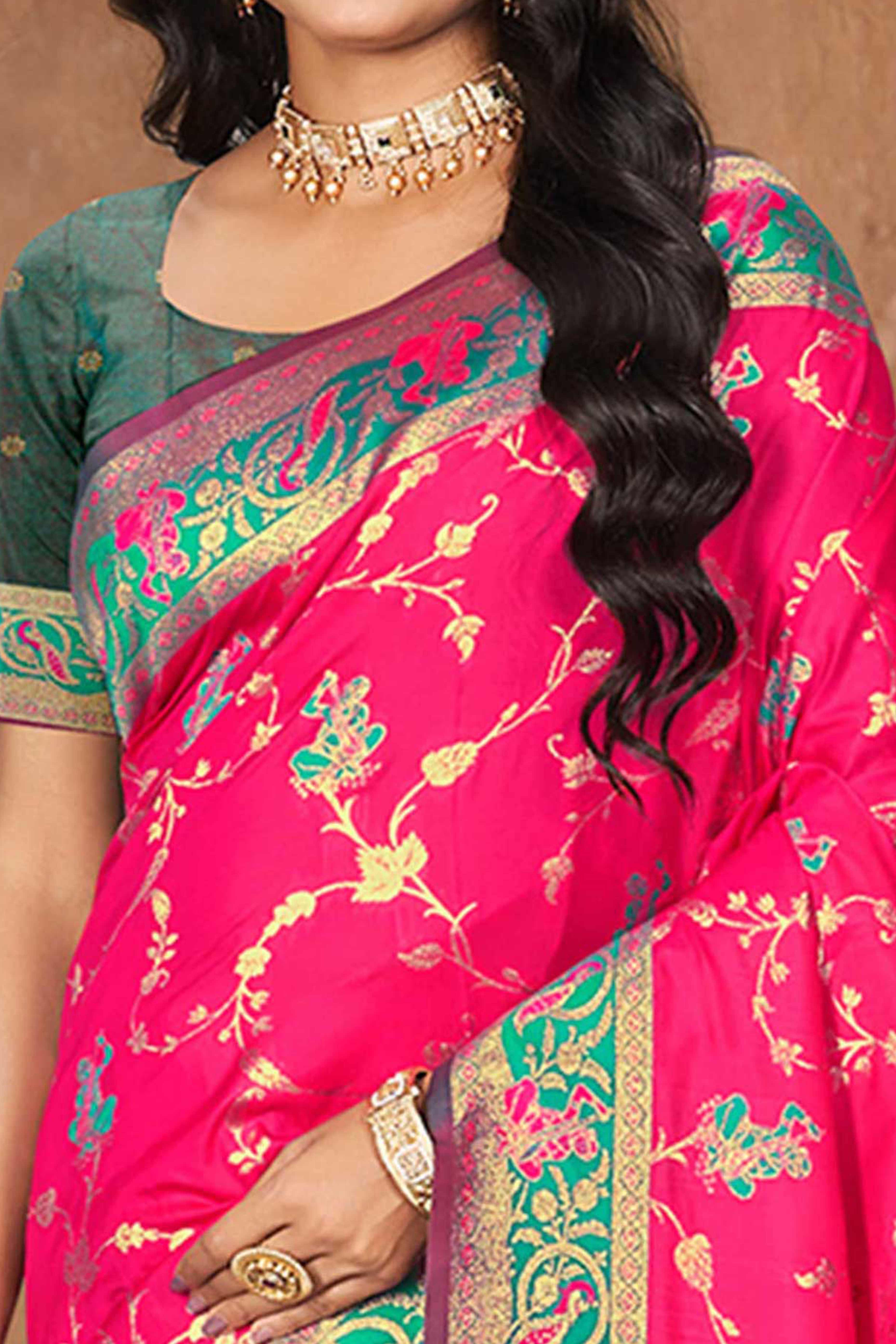 Radiant Pink Floral Zari Weaving Silk Blend Saree With Tassel Pallu