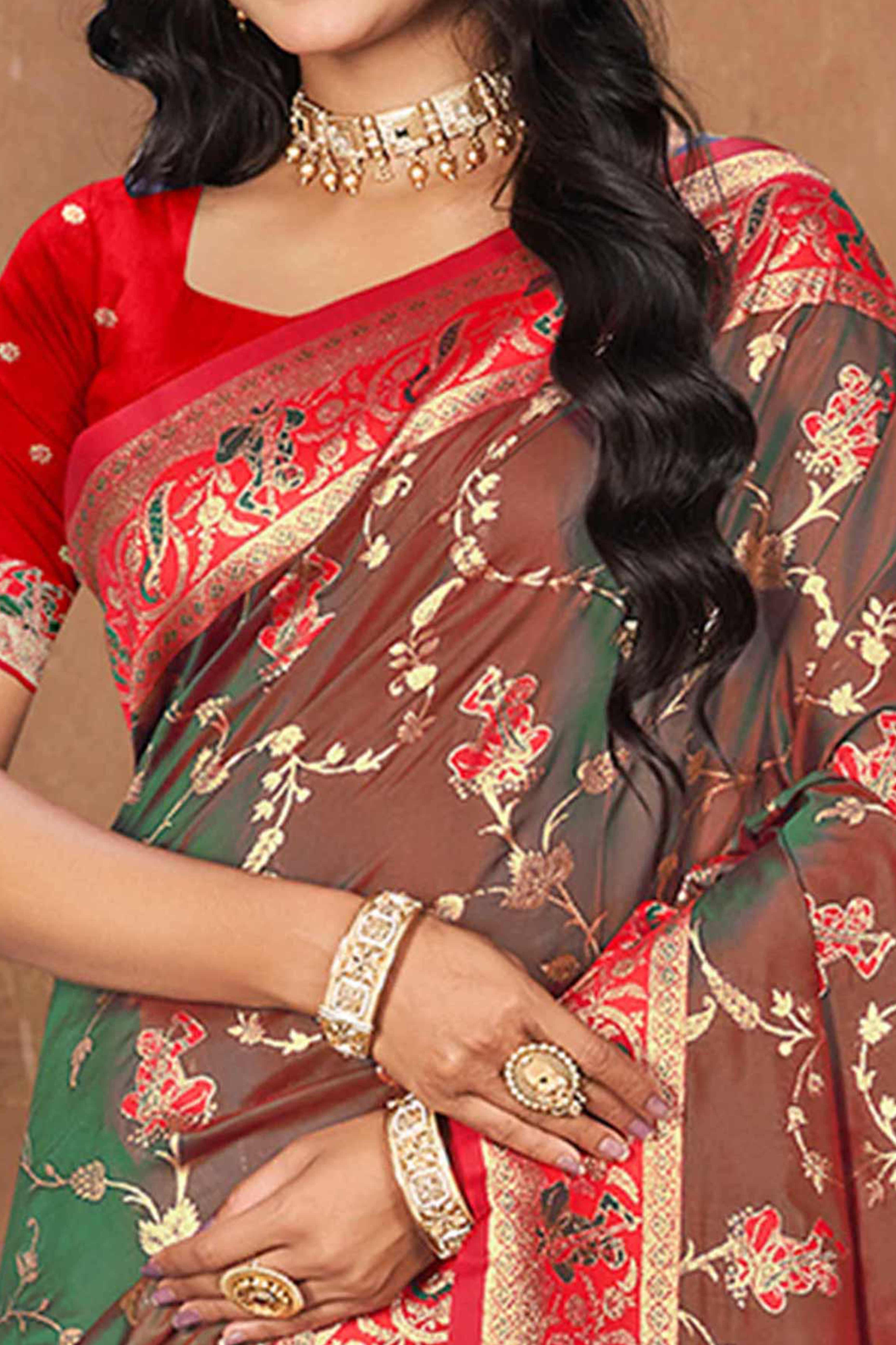 Radiant Brown Floral Zari Weaving Silk Blend Saree With Tassel Pallu