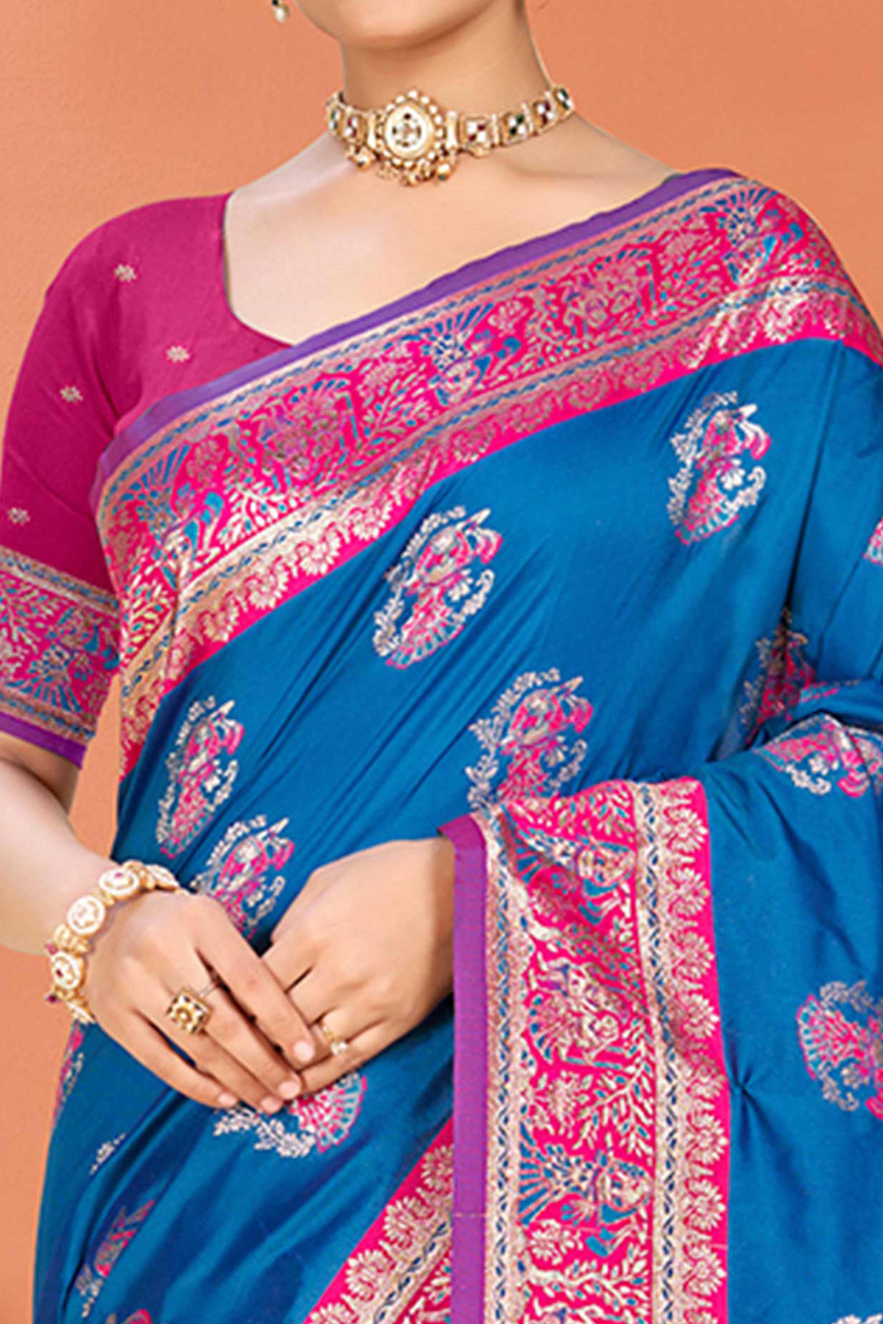 Blue Traditional Zari Weaving Silk Blend Saree Accented With Tassel Pallu