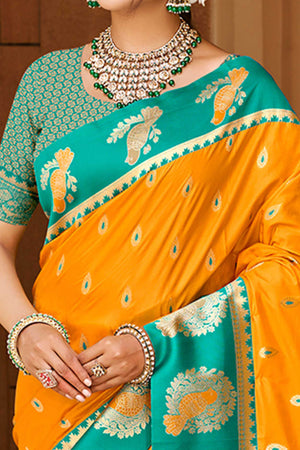 Stunning Mustard Floral Weaving Silk Blend Saree With Birds Design Border & Tassel Pallu