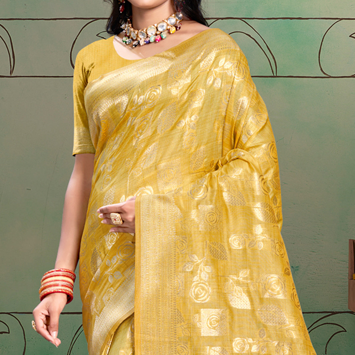 Yellow Floral Woven Cotton Silk Saree With Tassels