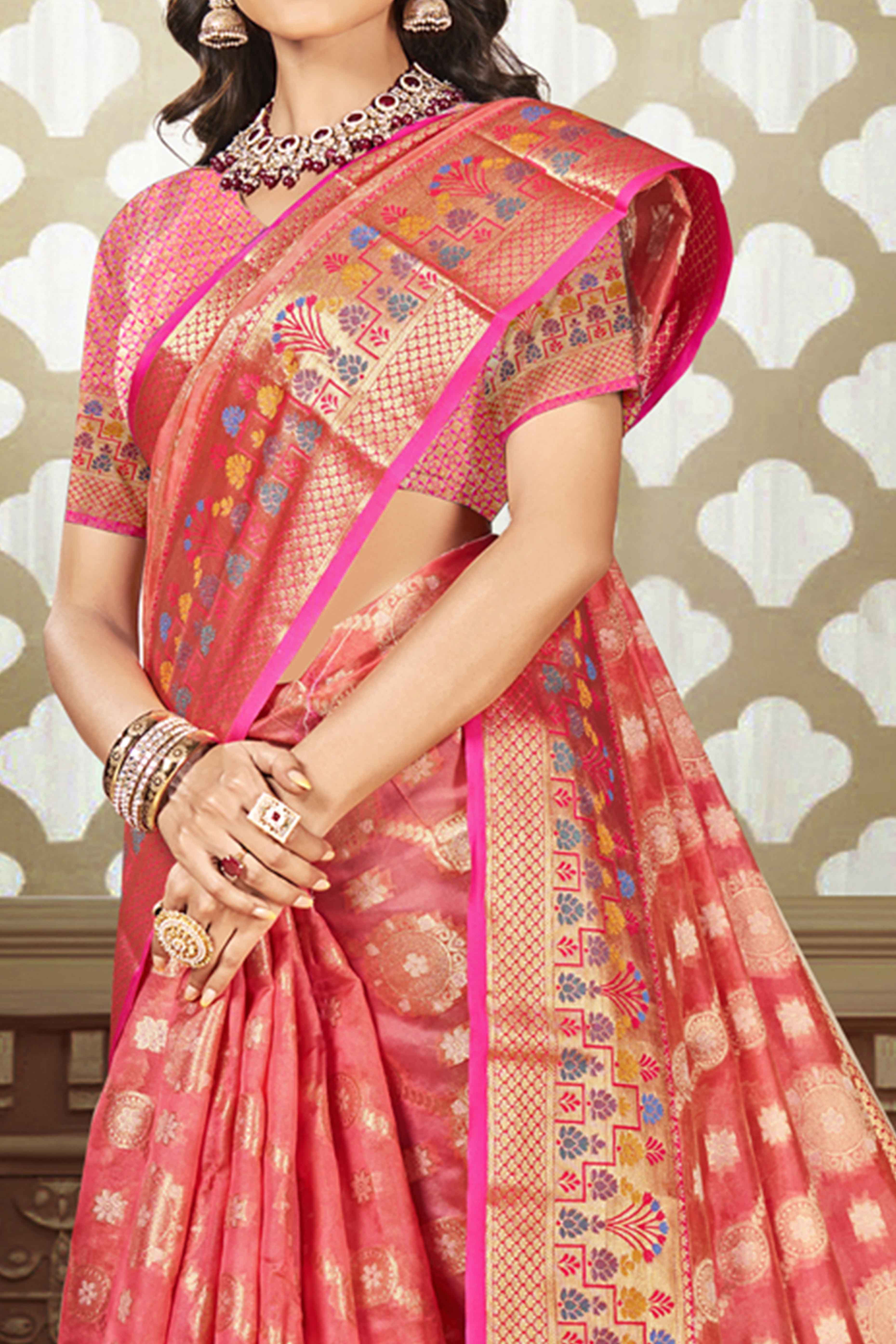 Pink Floral Woven Banarasi Silk Saree With Tassels