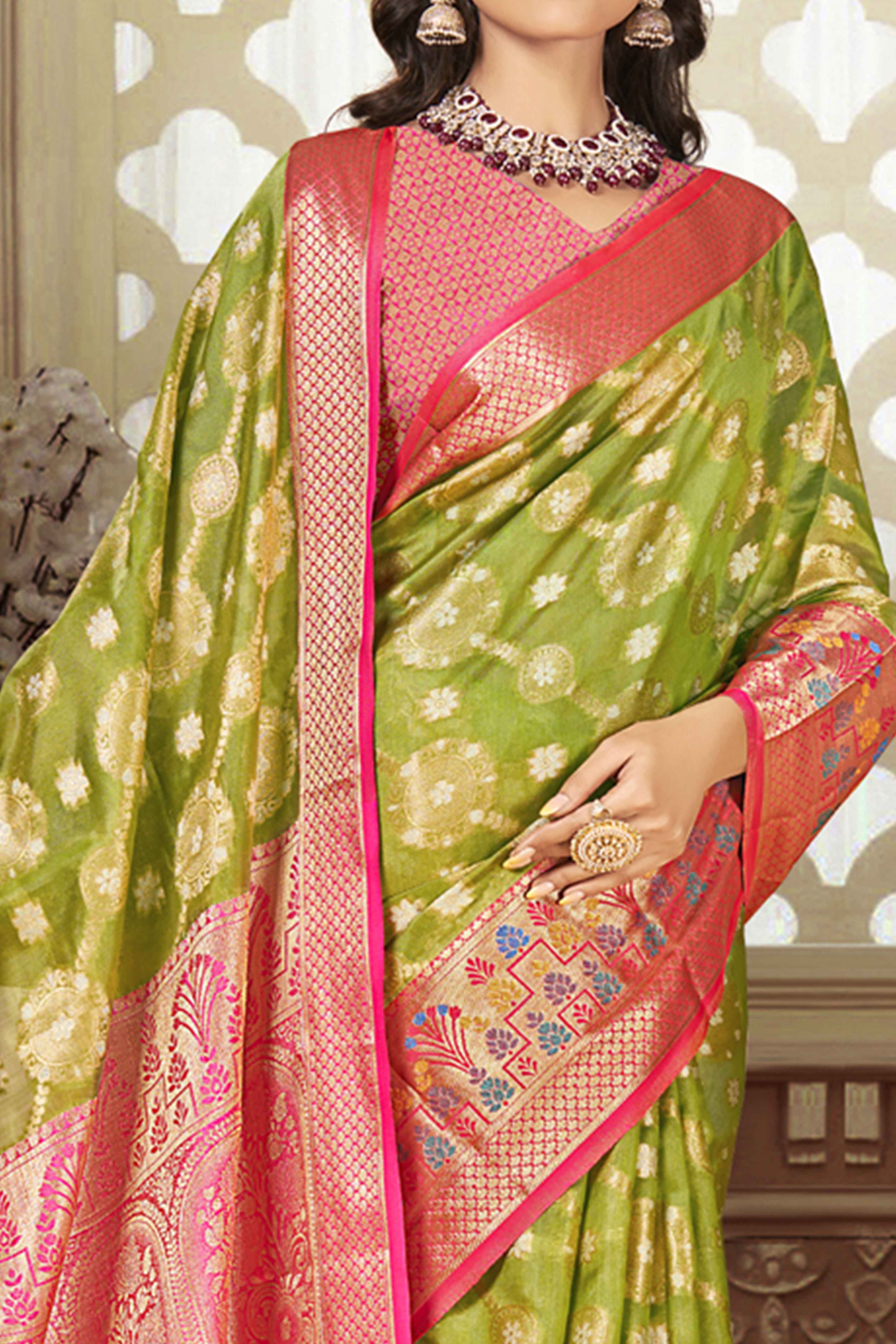 Green Floral Woven Banarasi Silk Saree With Tassels