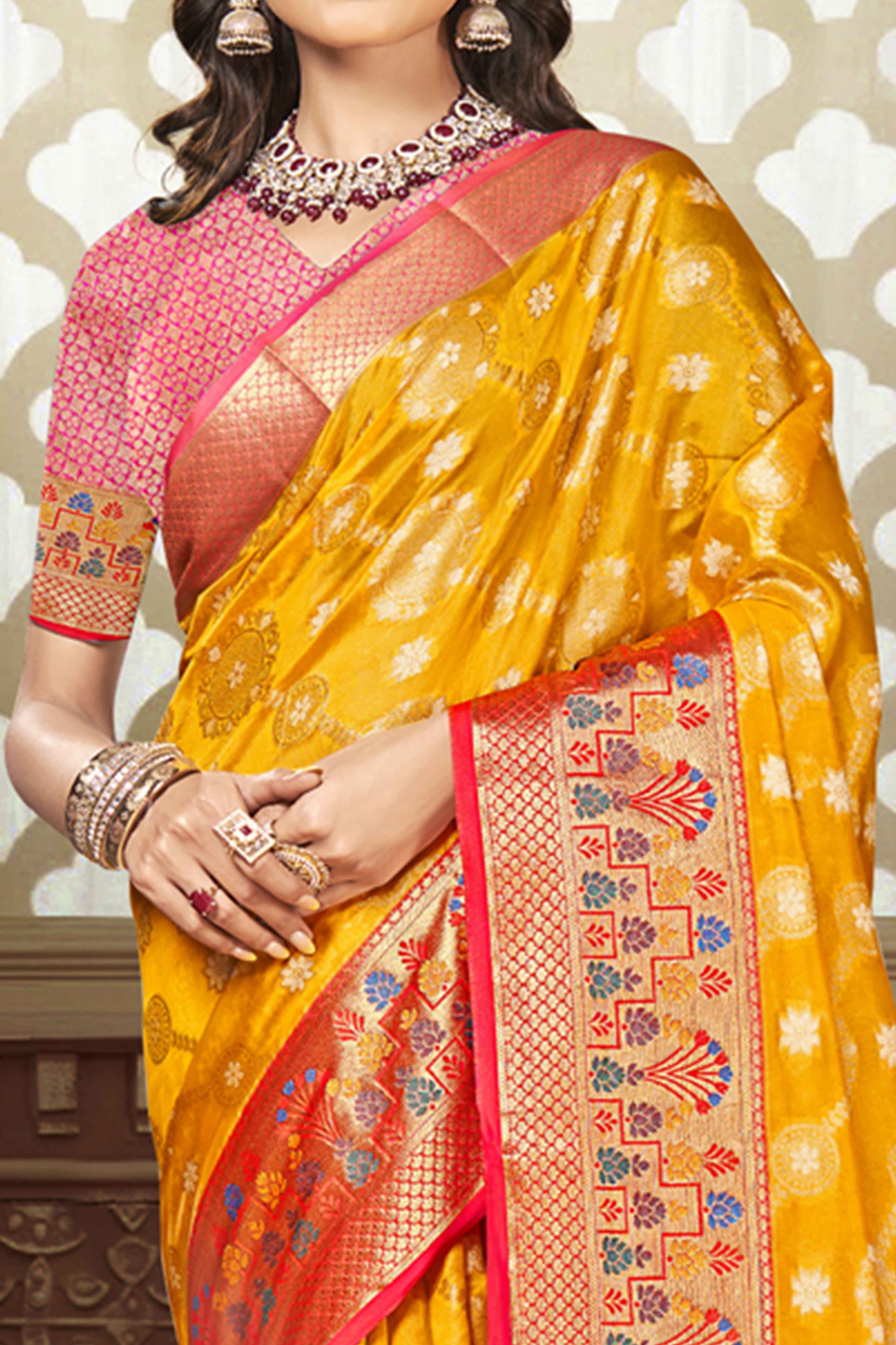 Yellow Floral Woven Banarasi Silk Saree With Tassels