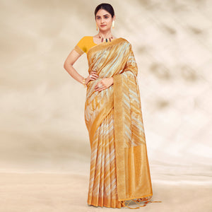 Mustard Woven Cotton Silk Saree With Tassels