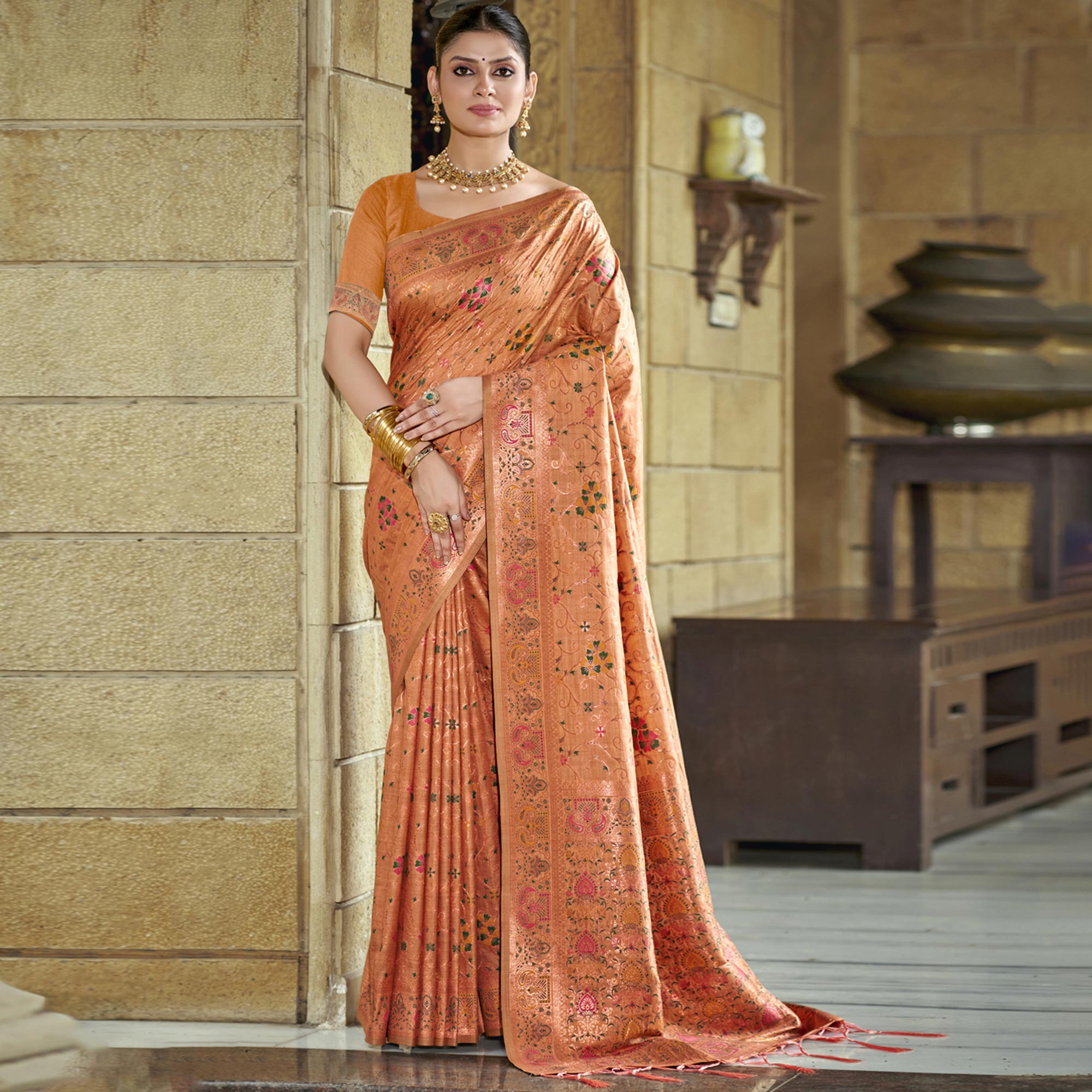 Peach Floral Zari Woven Cotton Silk Saree