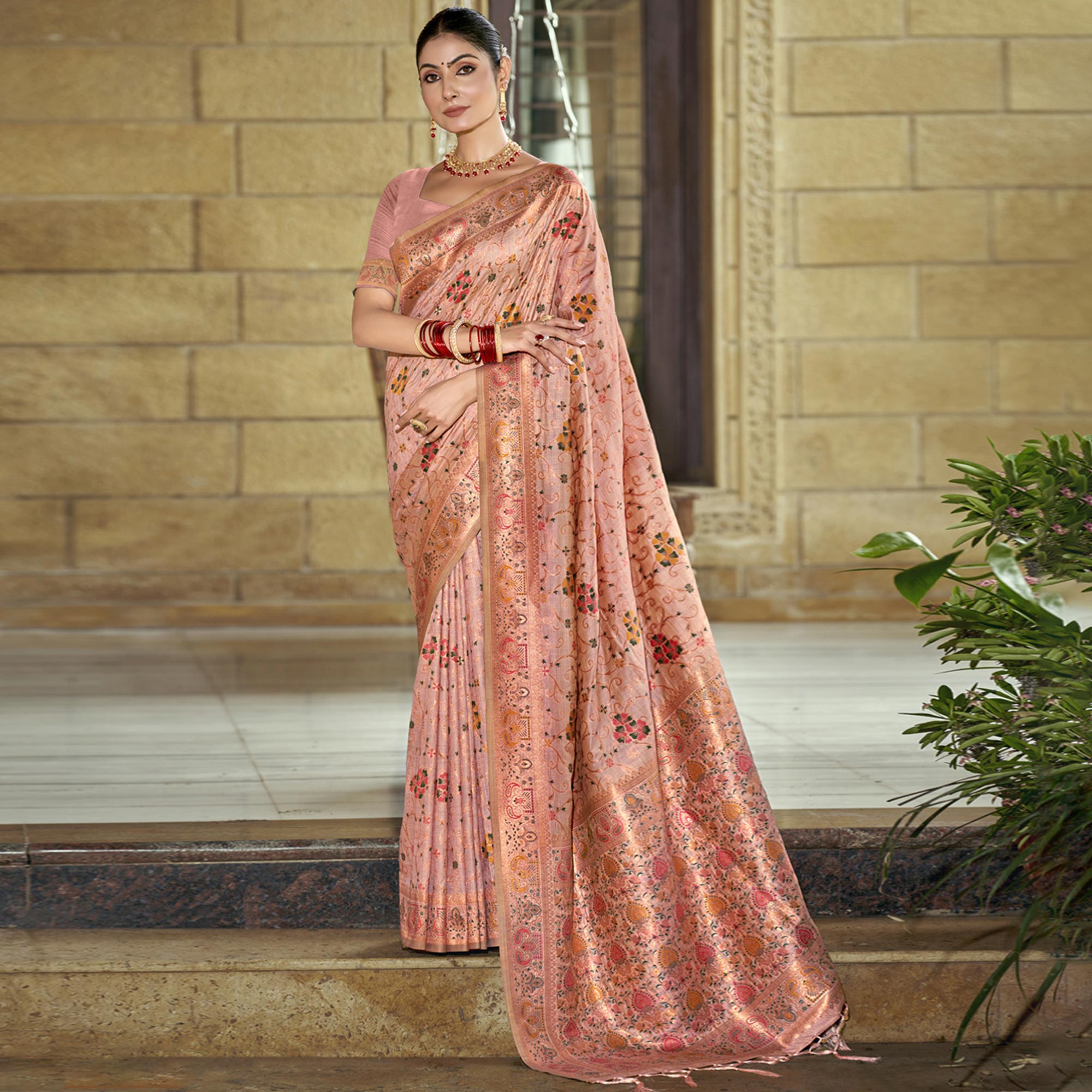 Light Pink Floral Zari Woven Cotton Silk Saree