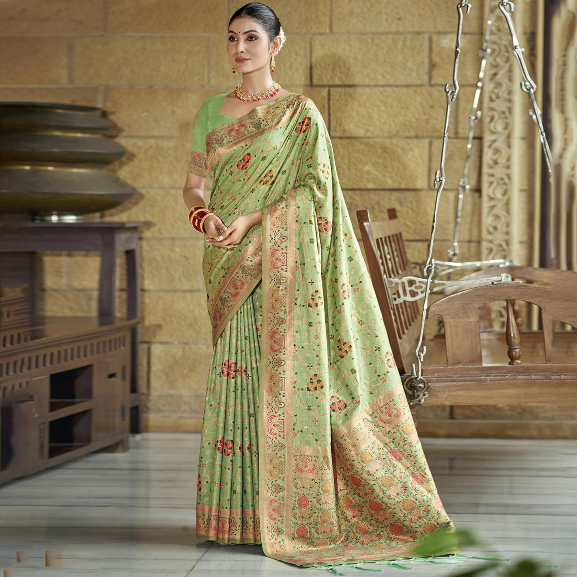 Green Floral Zari Woven Cotton Silk Saree