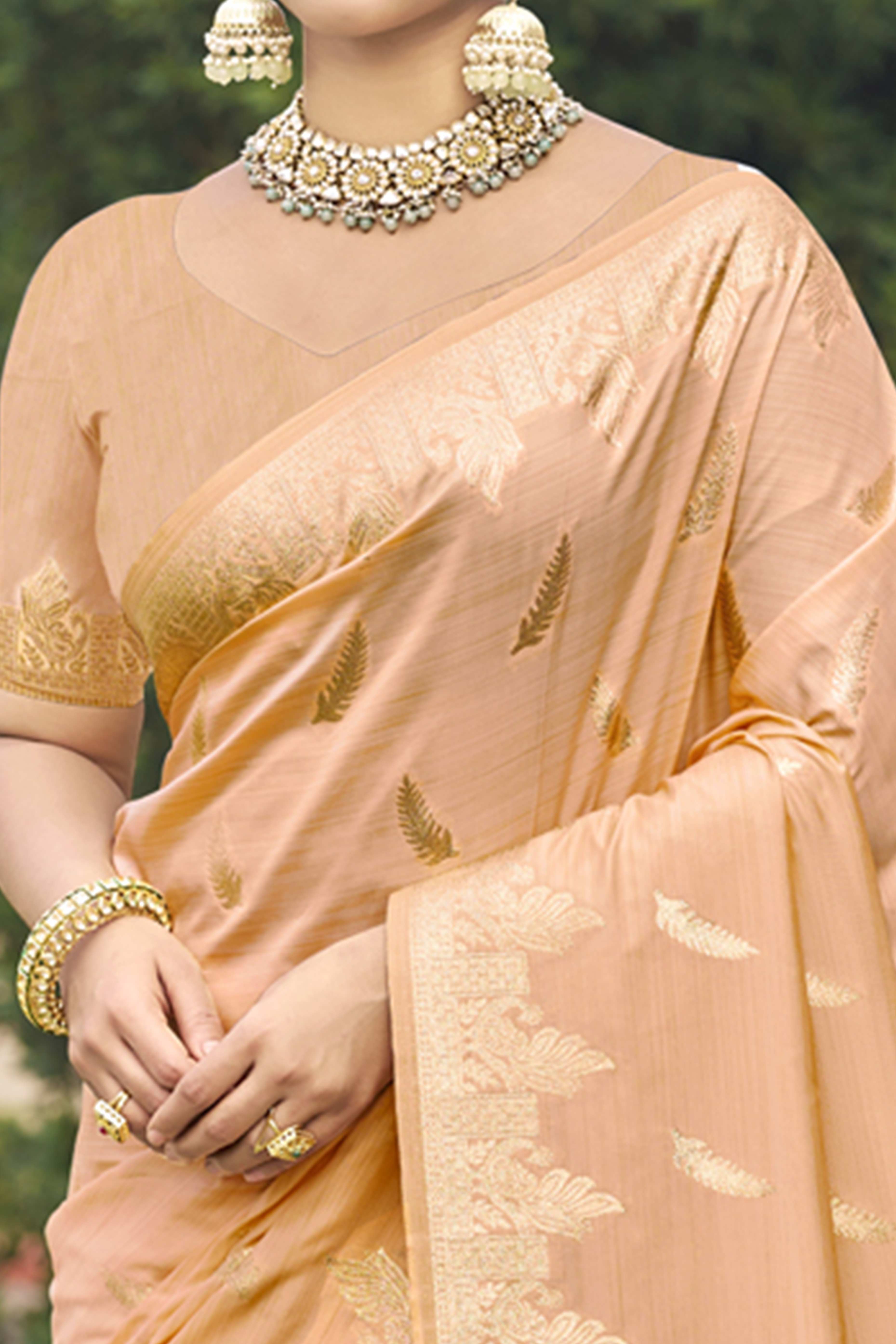 Peach Banarasi Silk Saree With Delicate Floral Zari Weaving