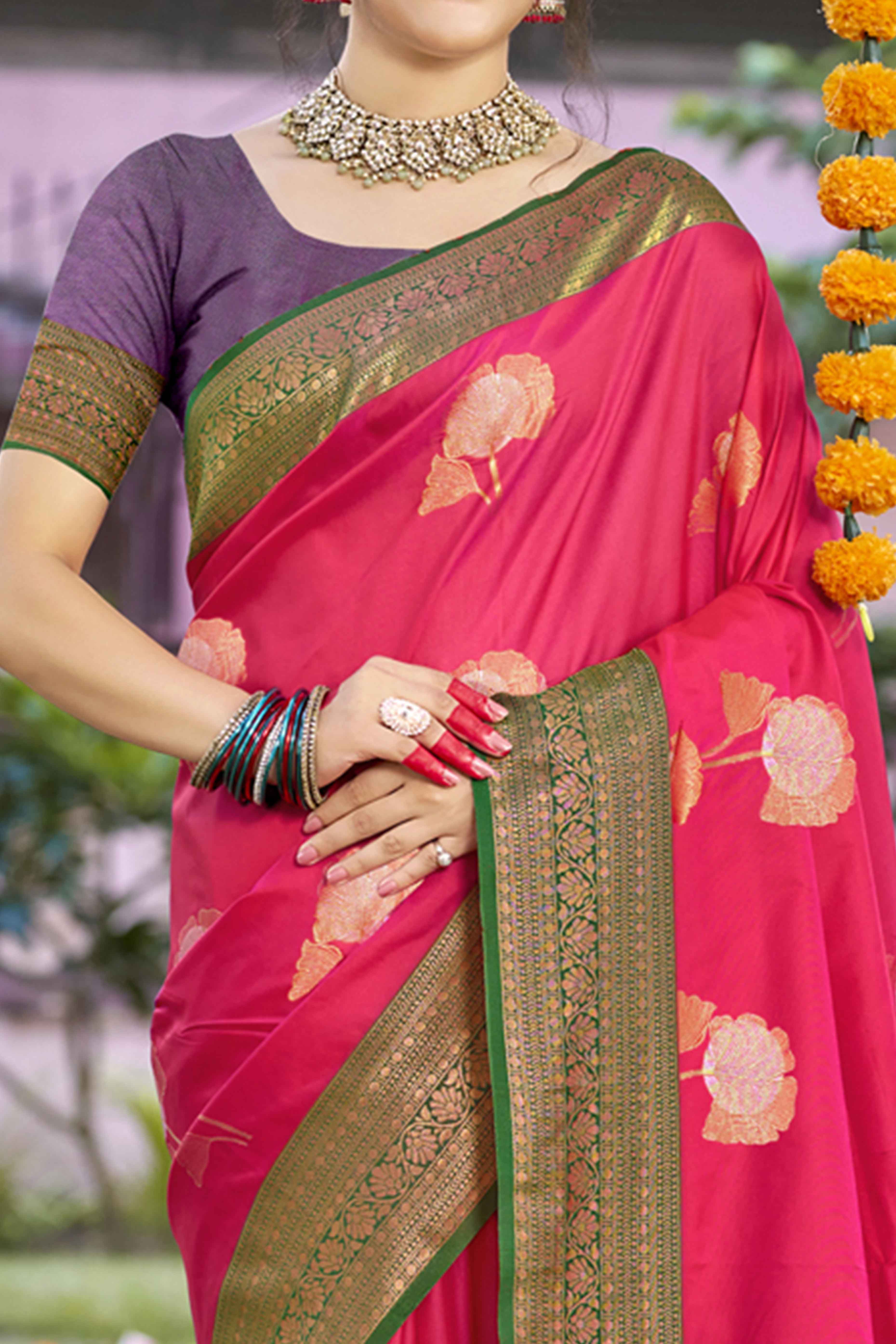 Rani Pink Floral Woven Banarasi Silk Saree With Tassels