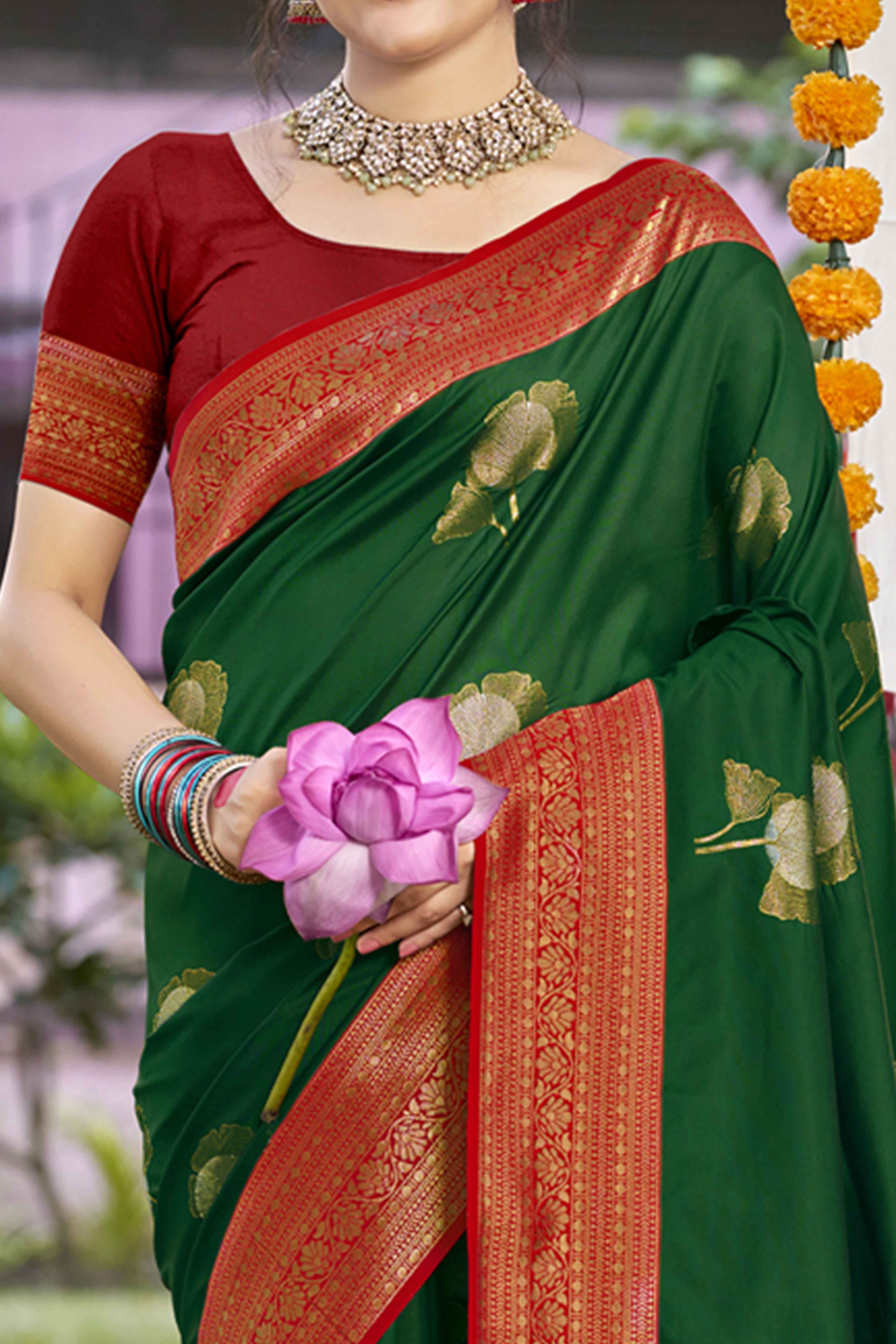 Green Floral Woven Banarasi Silk Saree With Tassels