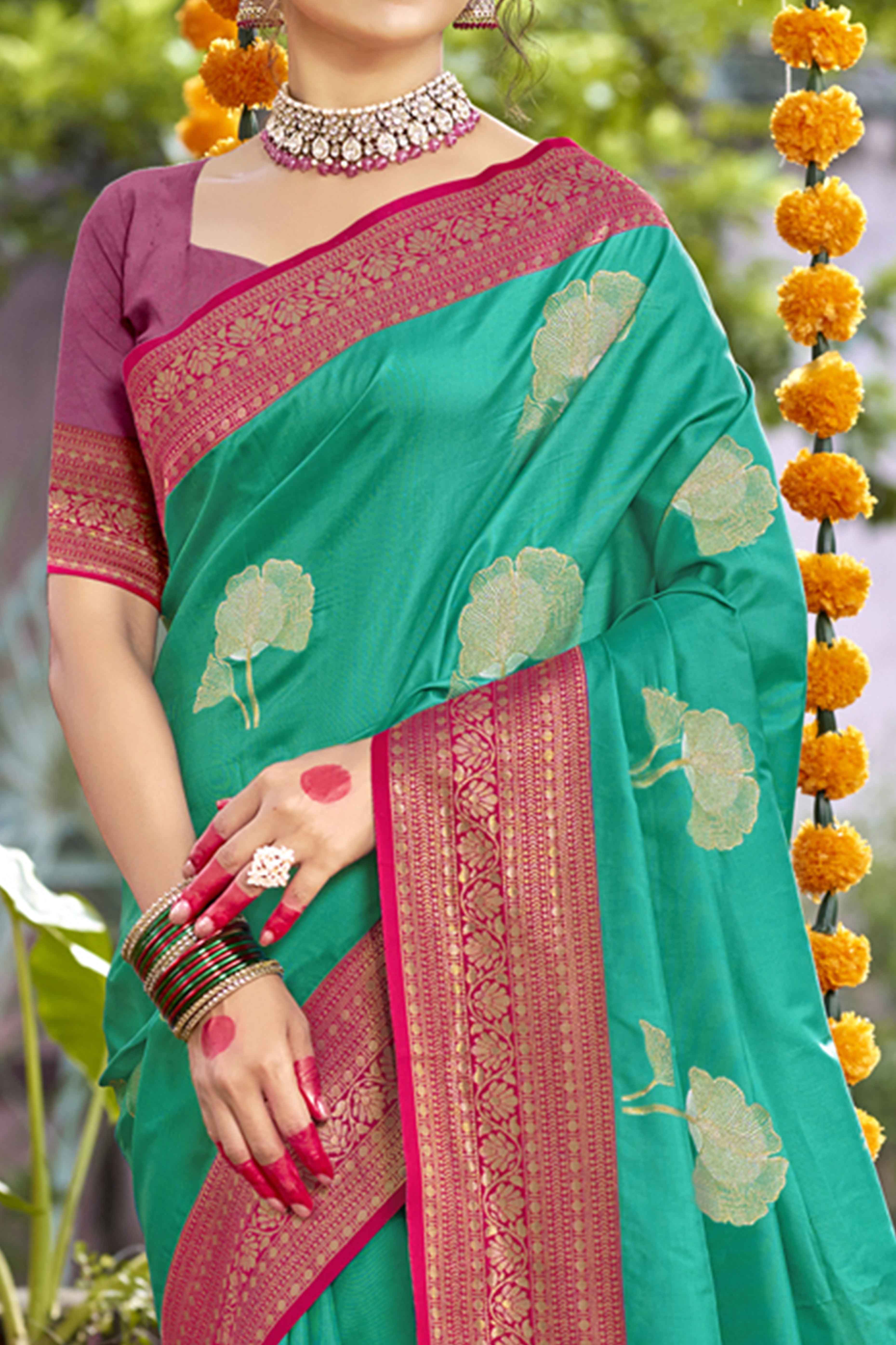 Rama Green Floral Woven Banarasi Silk Saree With Tassels