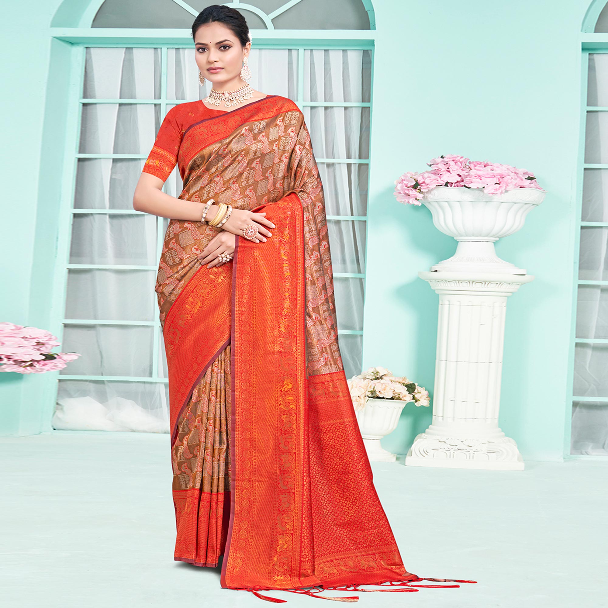 Brown & Red Woven Cotton Silk Saree With Tassels