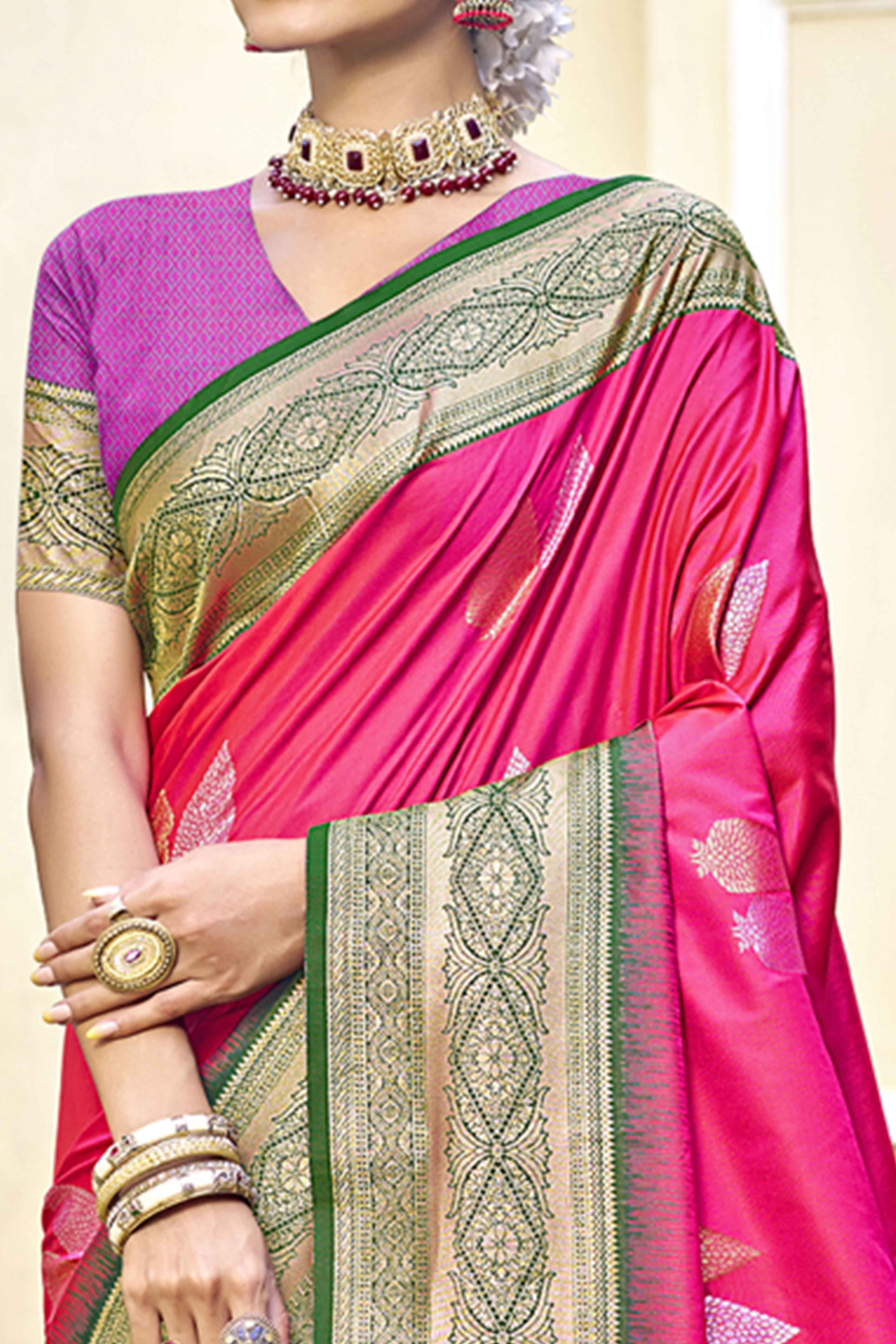 Rani Pink Woven Banarasi Silk Saree With Tassels