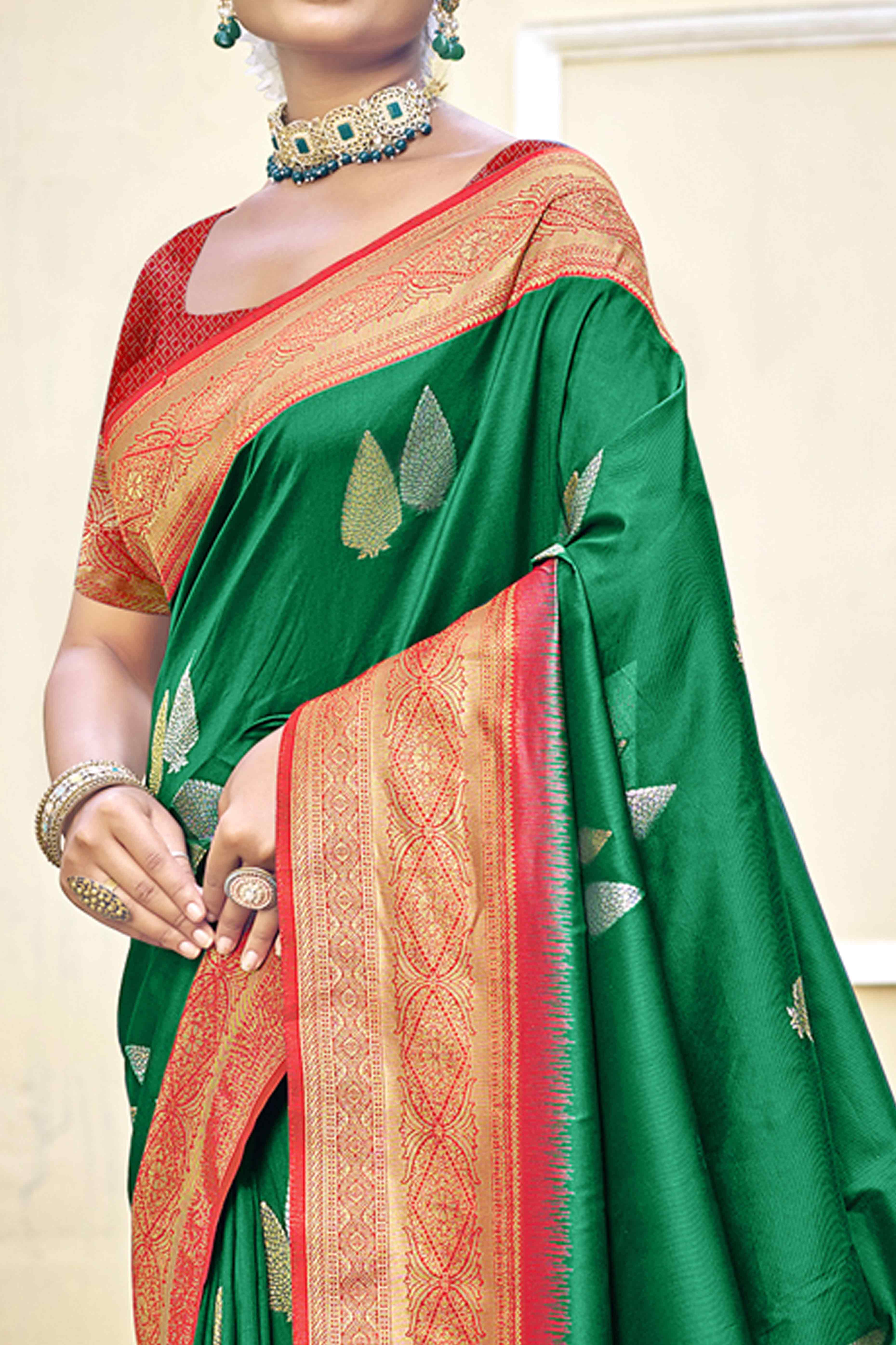 Green Woven Banarasi Silk Saree With Tassels