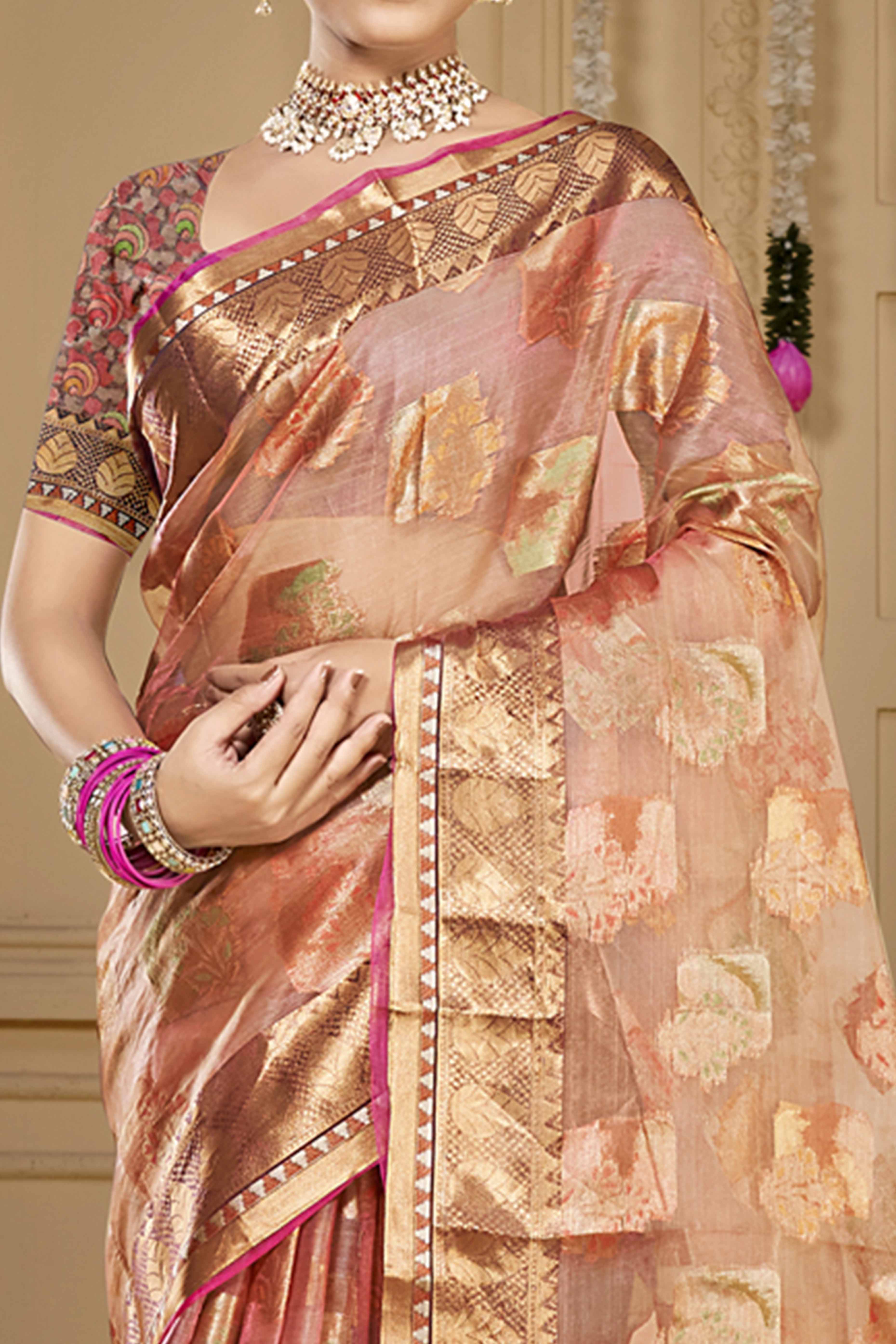 Peach Floral Woven Organza Saree With Tassels