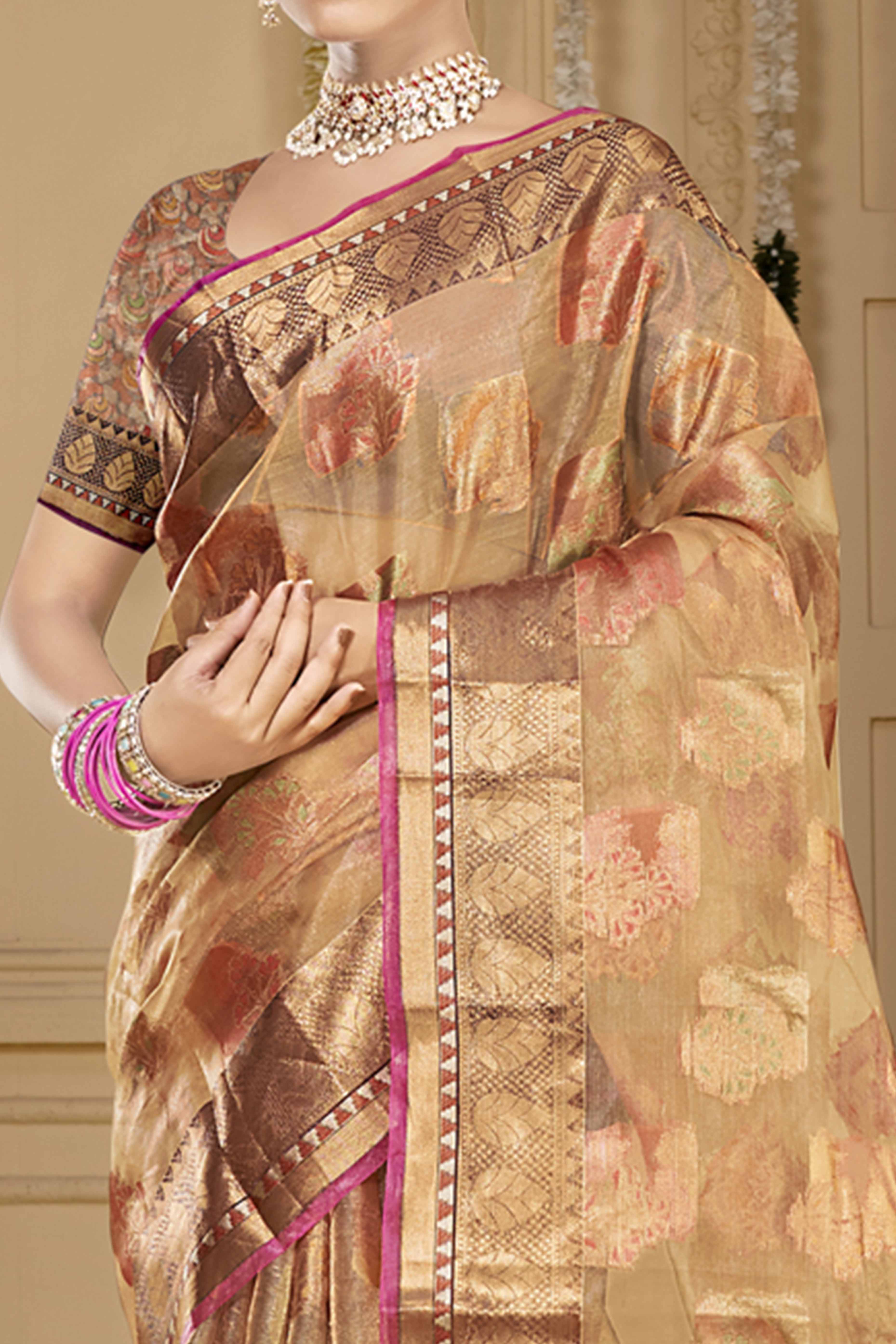 Beige Floral Woven Organza Saree With Tassels