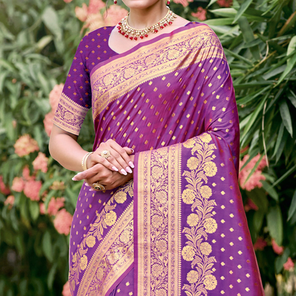 Purple Floral Woven Banarasi Silk Saree With Tassels