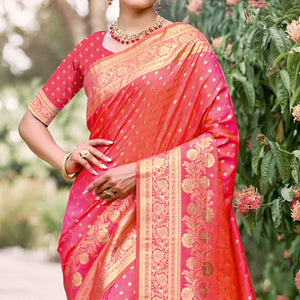 Pink Floral Woven Banarasi Silk Saree With Tassels