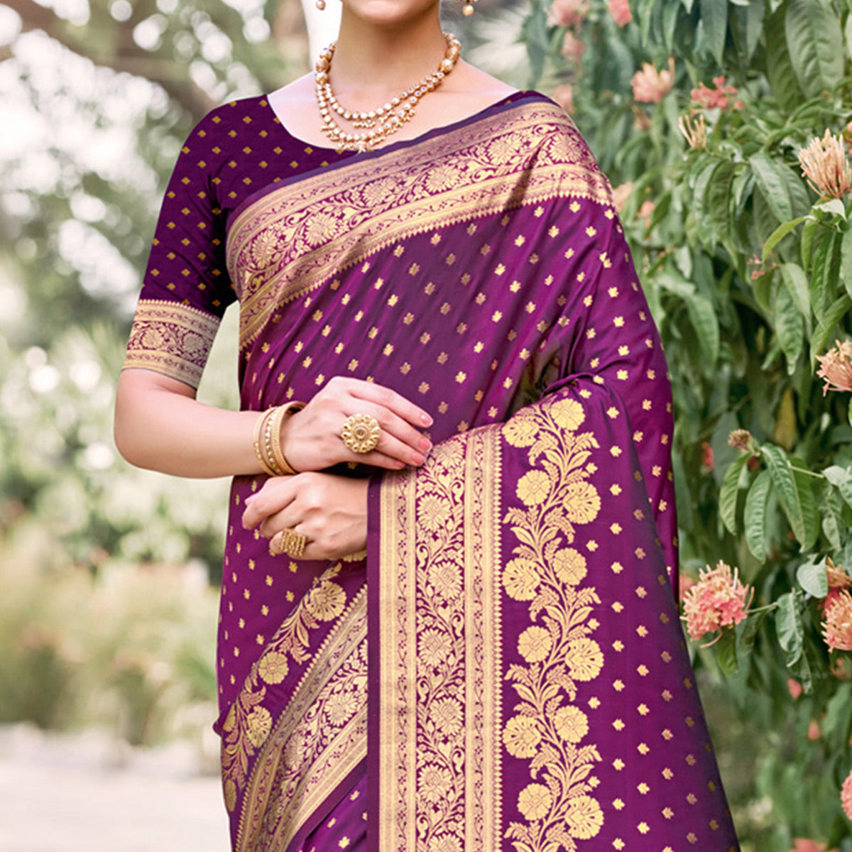 Purple Floral Woven Banarasi Silk Saree With Tassels