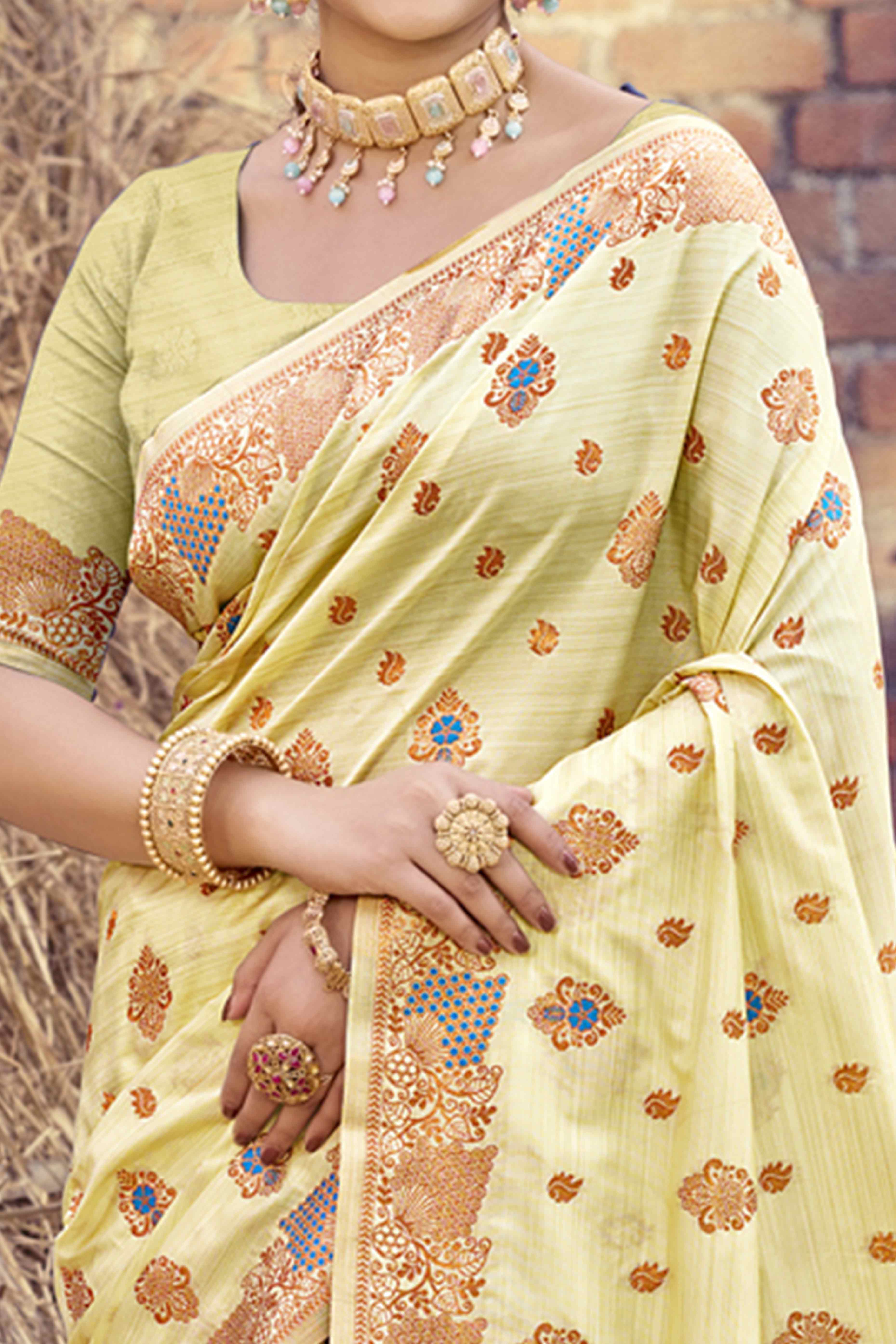 Light Yellow Banarasi Silk Saree Adorned With Woven Zari Floral Motifs