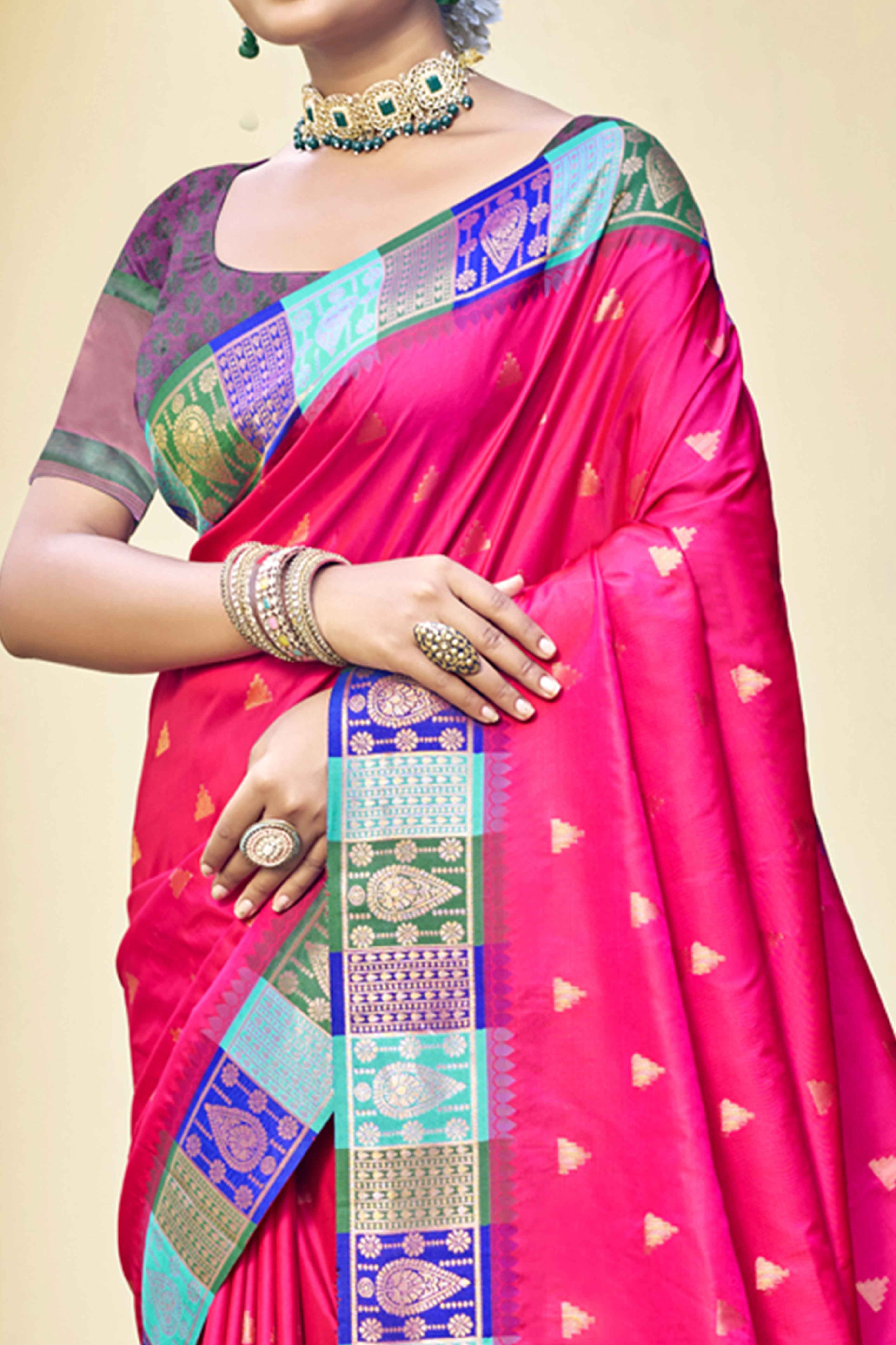 Rani Pink Woven Banarasi Silk Saree With Tassels