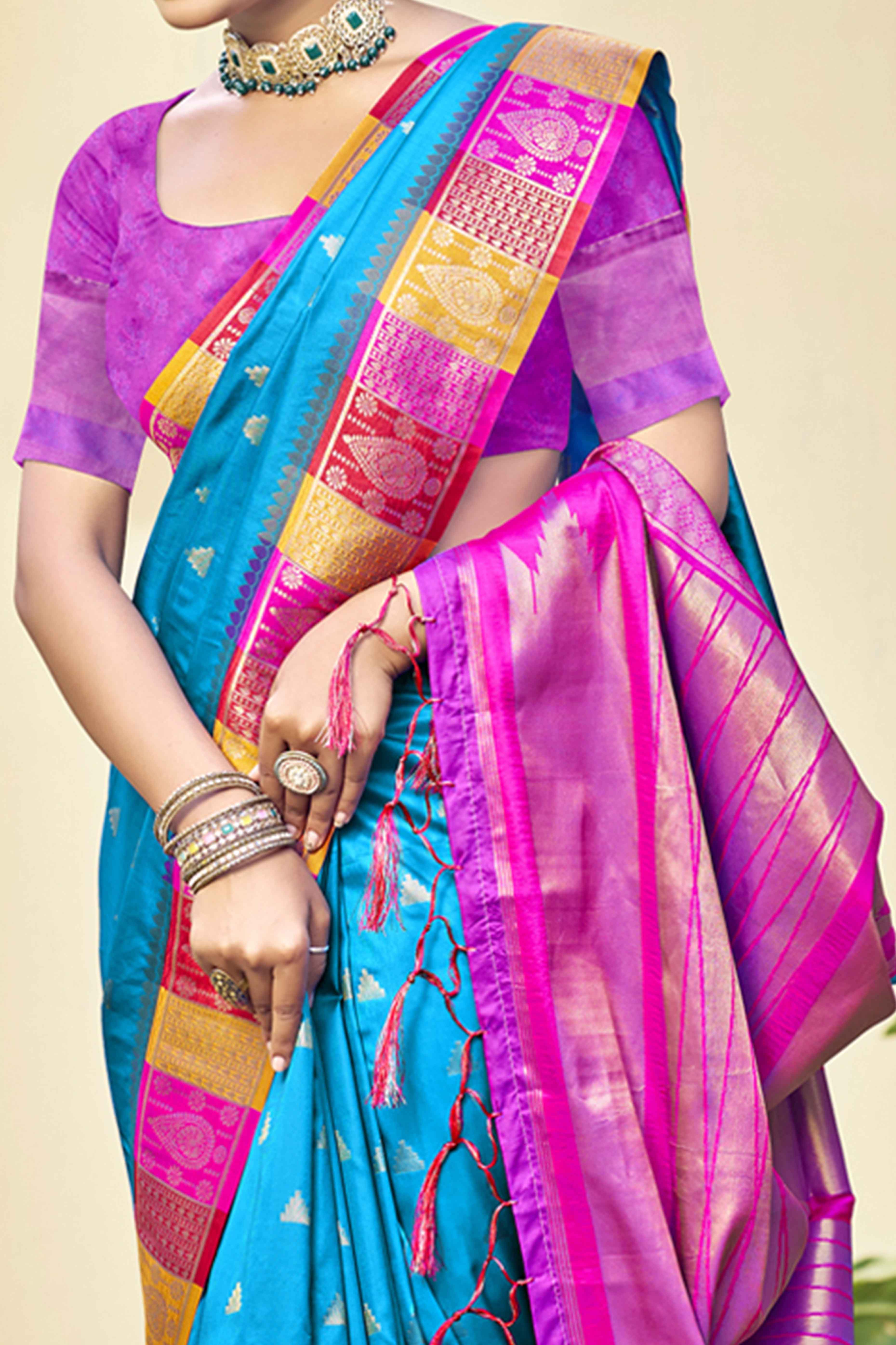 Blue Woven Banarasi Silk Saree With Tassels