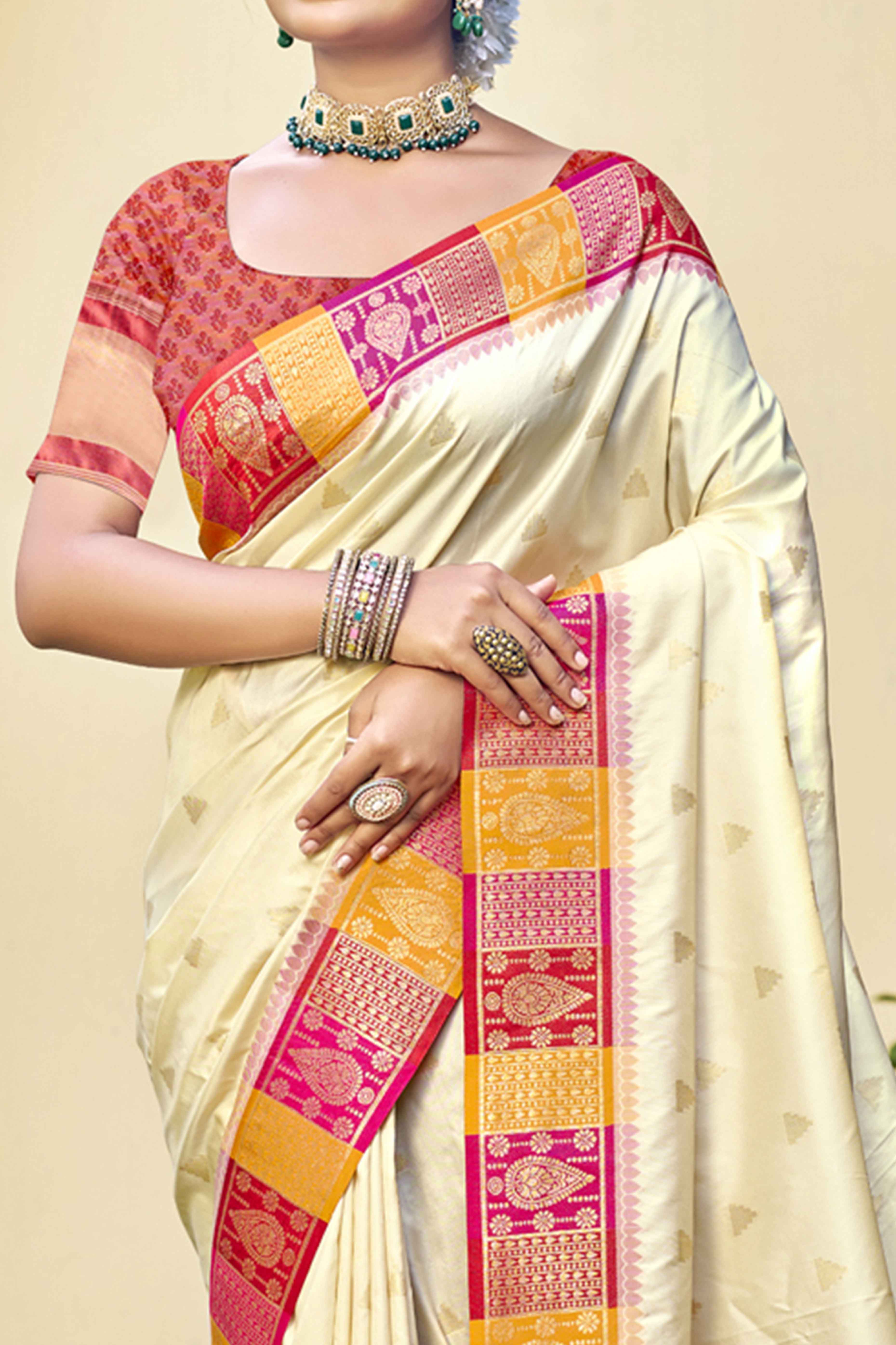 Cream Woven Banarasi Silk Saree With Tassels