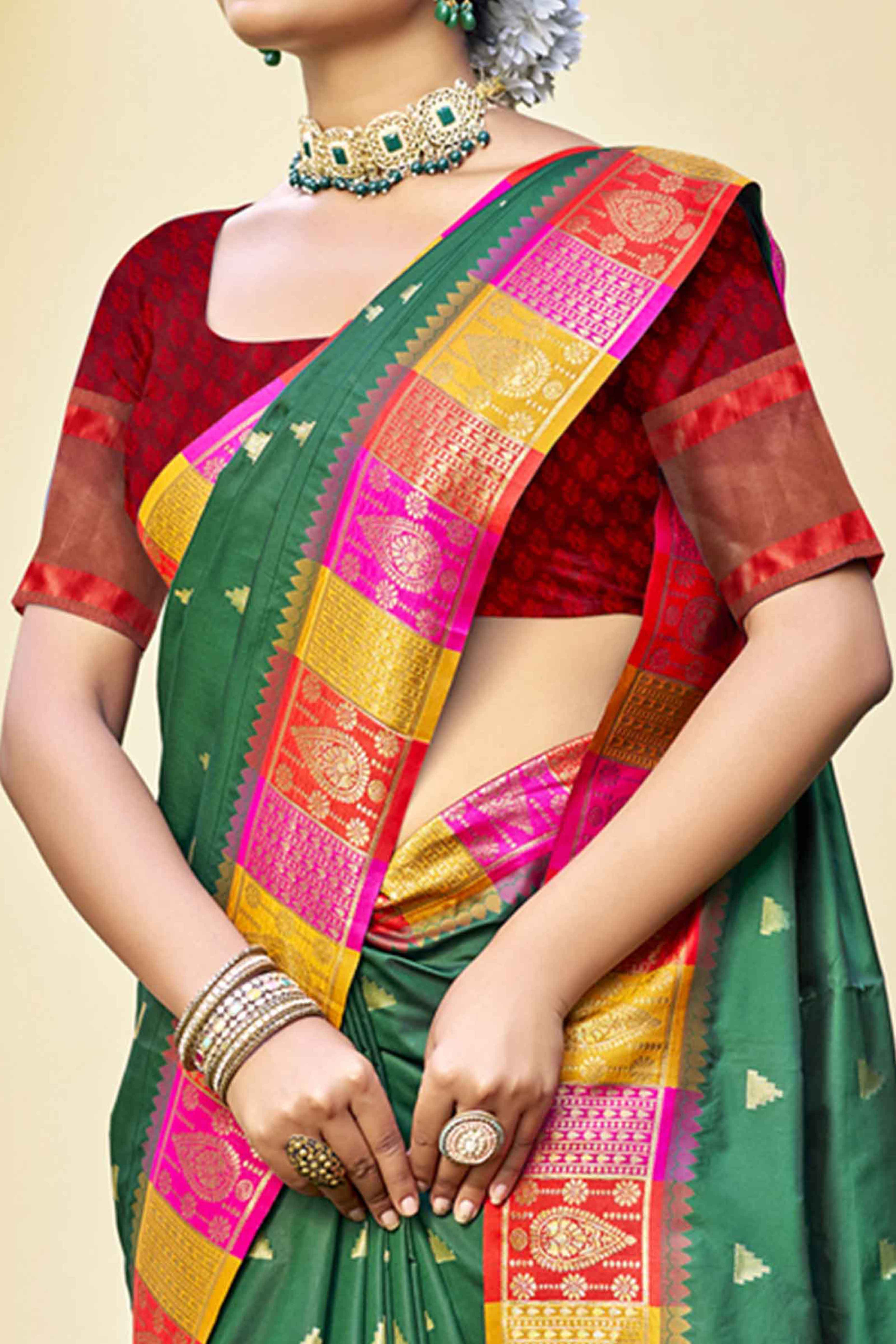 Green Woven Banarasi Silk Saree With Tassels