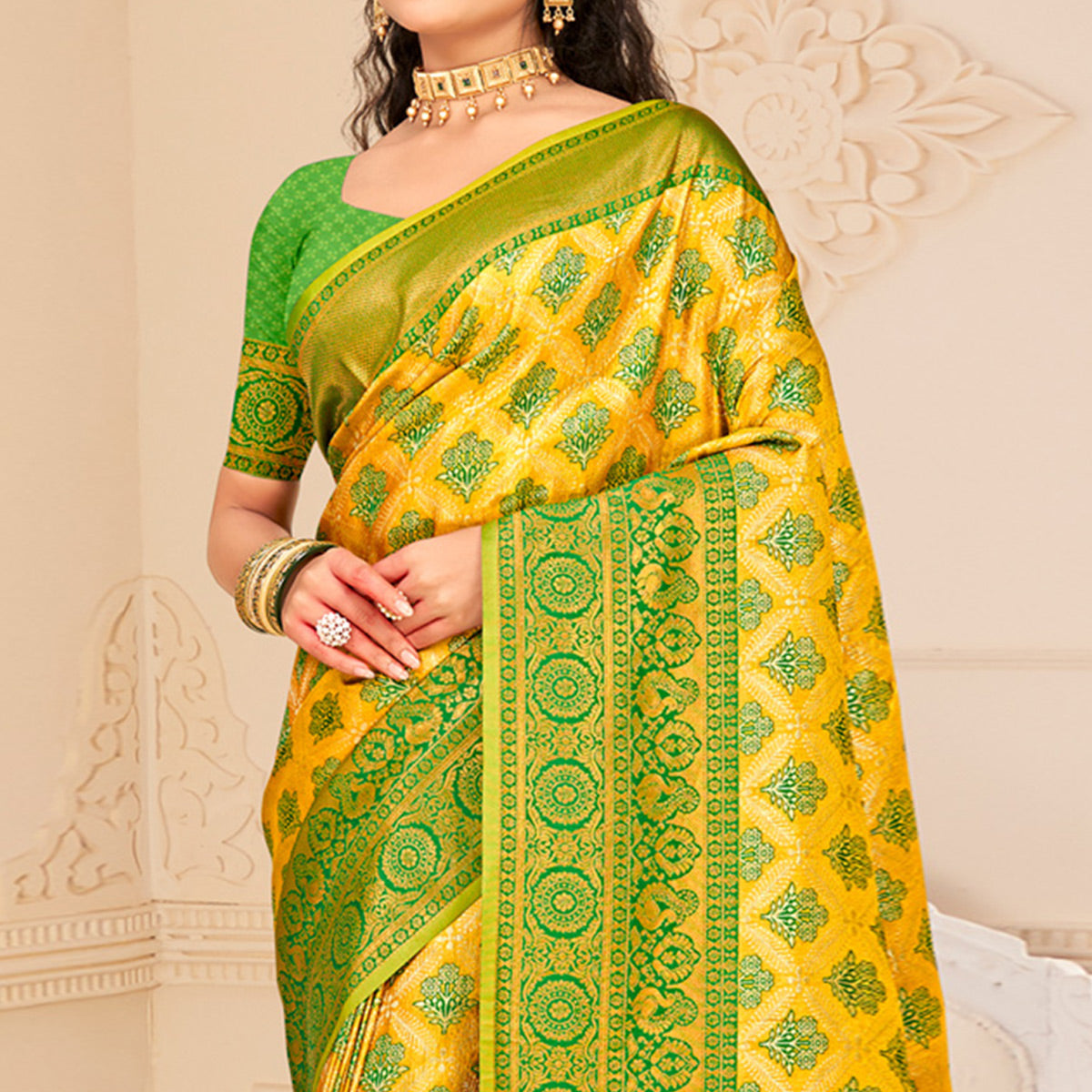 Yellow Floral Woven Kanjivaram Silk Saree With Tassels