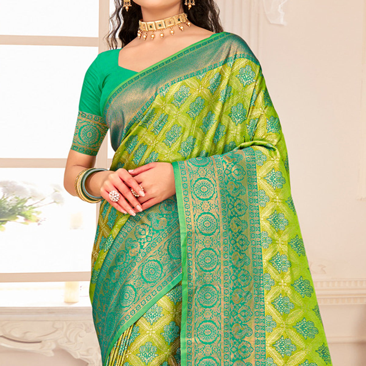 Green Floral Woven Kanjivaram Silk Saree With Tassels